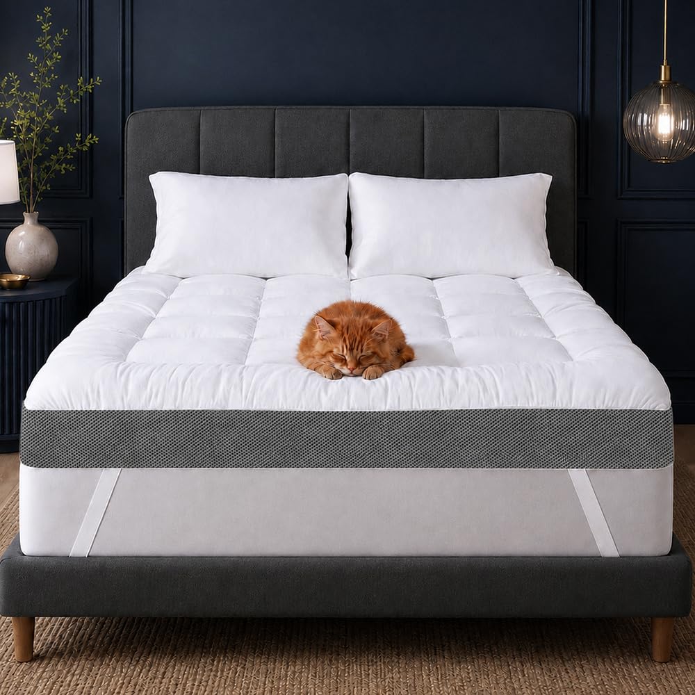 HYPREST 4 Inch Mattress Topper Queen, Thick Cooling Cotton Pillow Top with 2000 GSM Shredded Memory Foam - Soft & Supportive for Back Pain Relief，Non-Slip Bottom