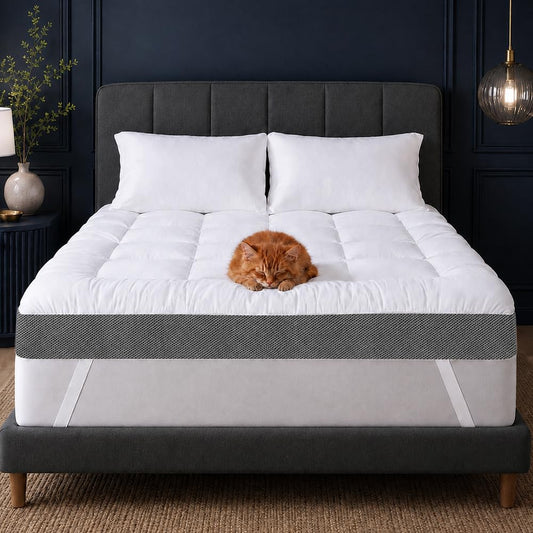 HYPREST 4 Inch Mattress Topper Queen, Thick Cooling Cotton Pillow Top with 2000 GSM Shredded Memory Foam - Soft & Supportive for Back Pain Relief，Non-Slip Bottom