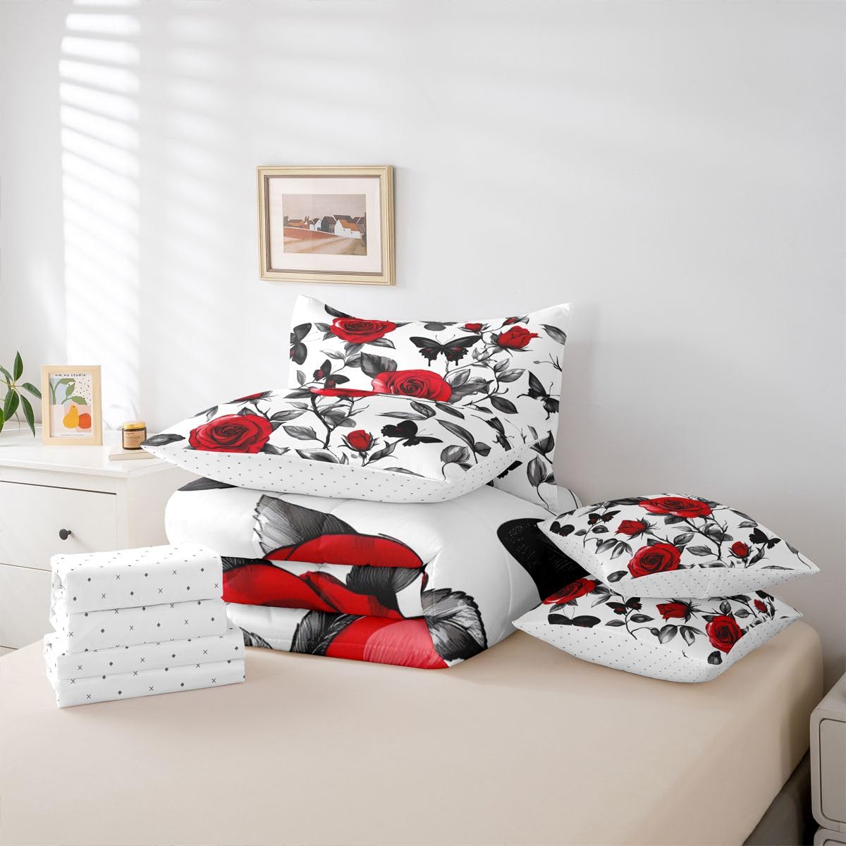 Erosebridal Red Roses Love Full Bedding Set - Romance Hearts Bed in A Bag,Romantic Gifts Comforter Sets with Sheets, Valentines Day 7 Pieces Bed Set Bedroom Decor