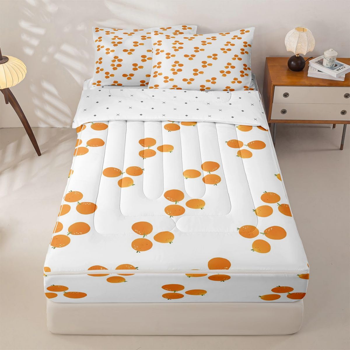 Erosebridal Orange Zipper Bedding Set Twin Modern Zip Up Comforter Set with Sheets Cartoon Fruit Bed in a Bag Hand Drawn Print Bed Sets with 2 Pillowcases