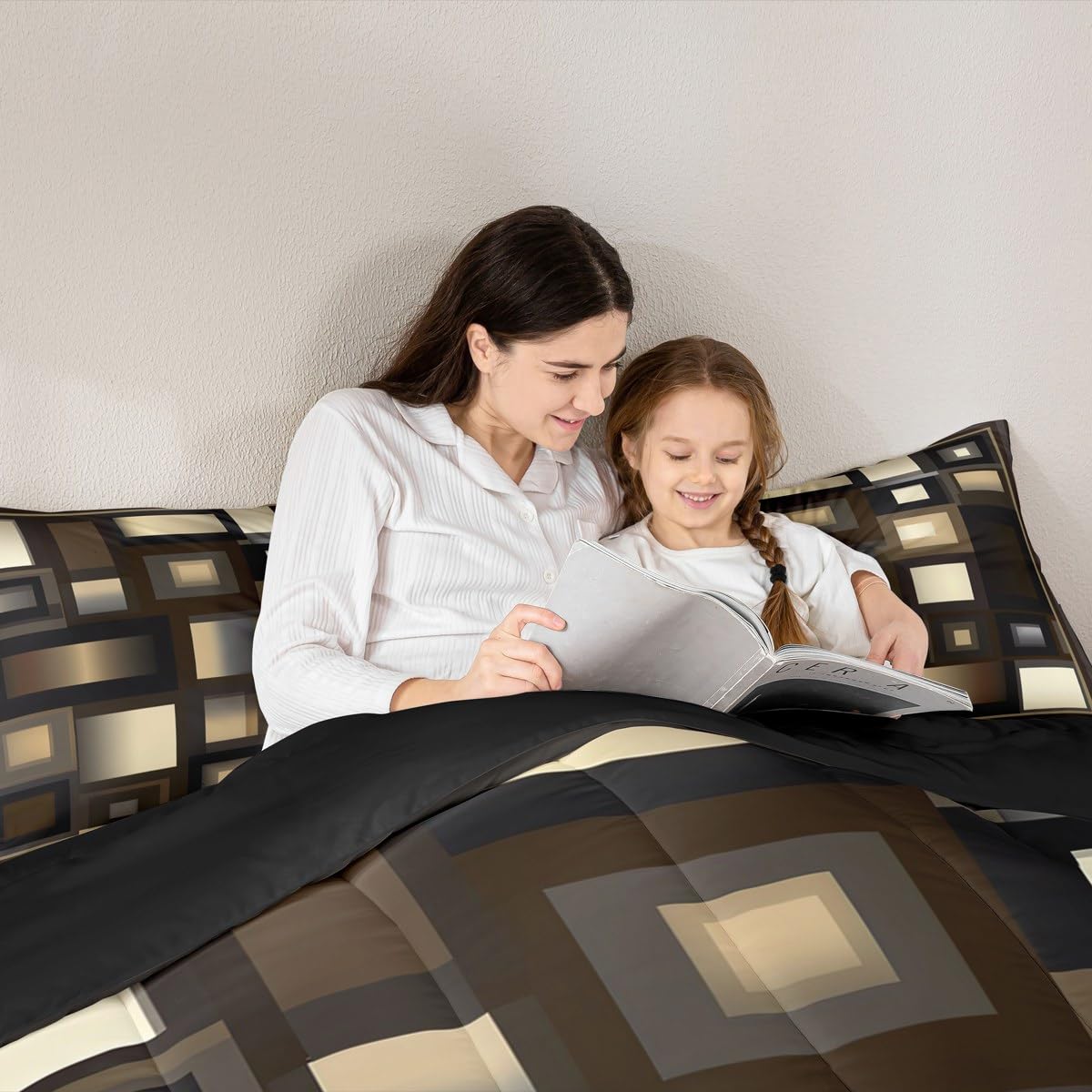 Castle Fairy Modern Comforter Set Queen Size,Brown White Khaki Square Bedding Set for Kids Boys Girls Bedroom Decoration,Abstract Grid Art Bed Duvet Insert,Geometric Comforter with 2 Pillowcase