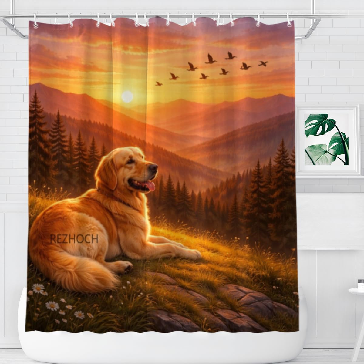 REZHOCH Funn Animal Shower Curtain 72x72Inch,Cute Golden Retriever Sunset Mountain,Nature Forest Warm Spring Sky Birds Bath Set,Waterproof Fabric Home Bathroom Farm Decor with Hooks