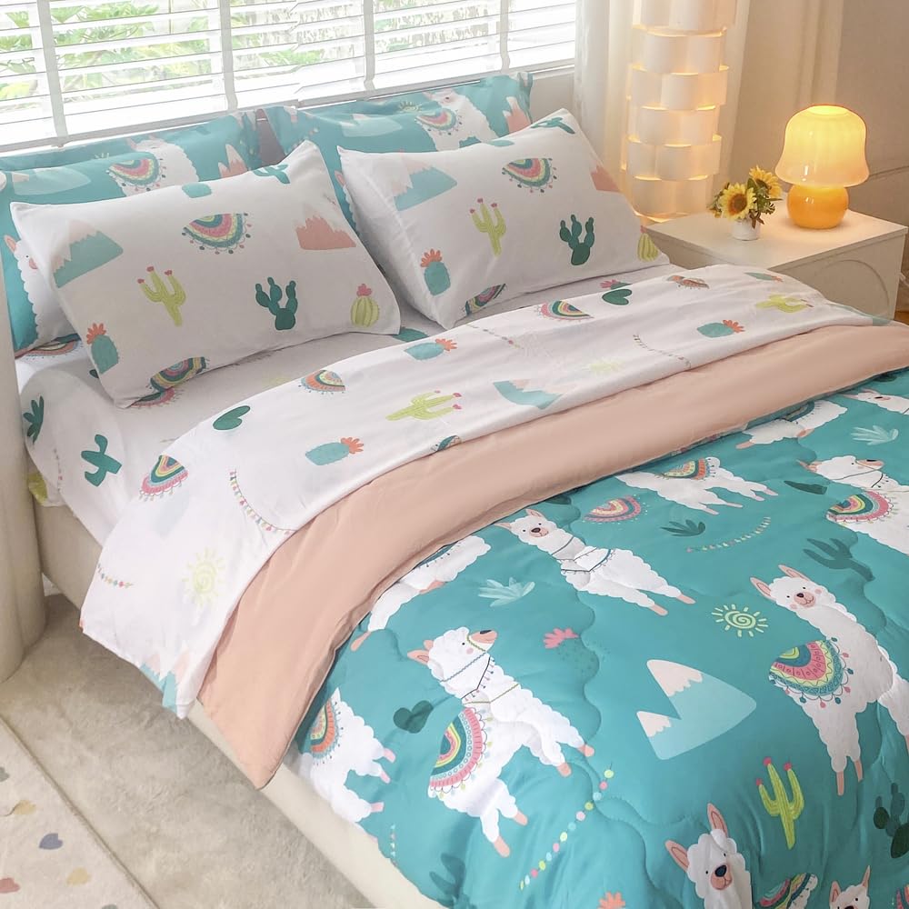 Wajade Kids Cute Llama Comforter Set Bed in A Bag Full Size 7 Piece Green Alpaca Tropical Plant Bedding Set for Girls Boys (1 Comforter, 1 Flat Sheet, 1 Fitted Sheet, 2 Pillowcase and 2 Pillow Sham)