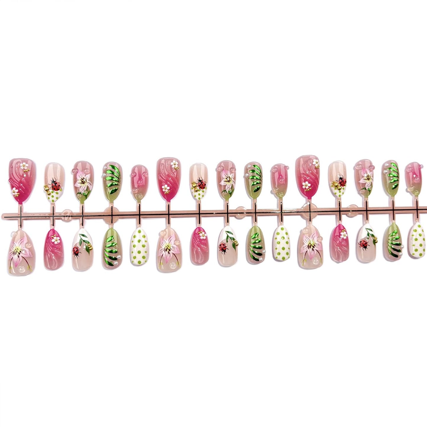 Hand-Painted Lily Press on Nails, Medium Almond Pink Green Fake Nails with Ladybug & Gold Beads Designs, Spring Floral False Nails with Nail Glue Tabs - 30Pcs Nail Kit for Women Manicure