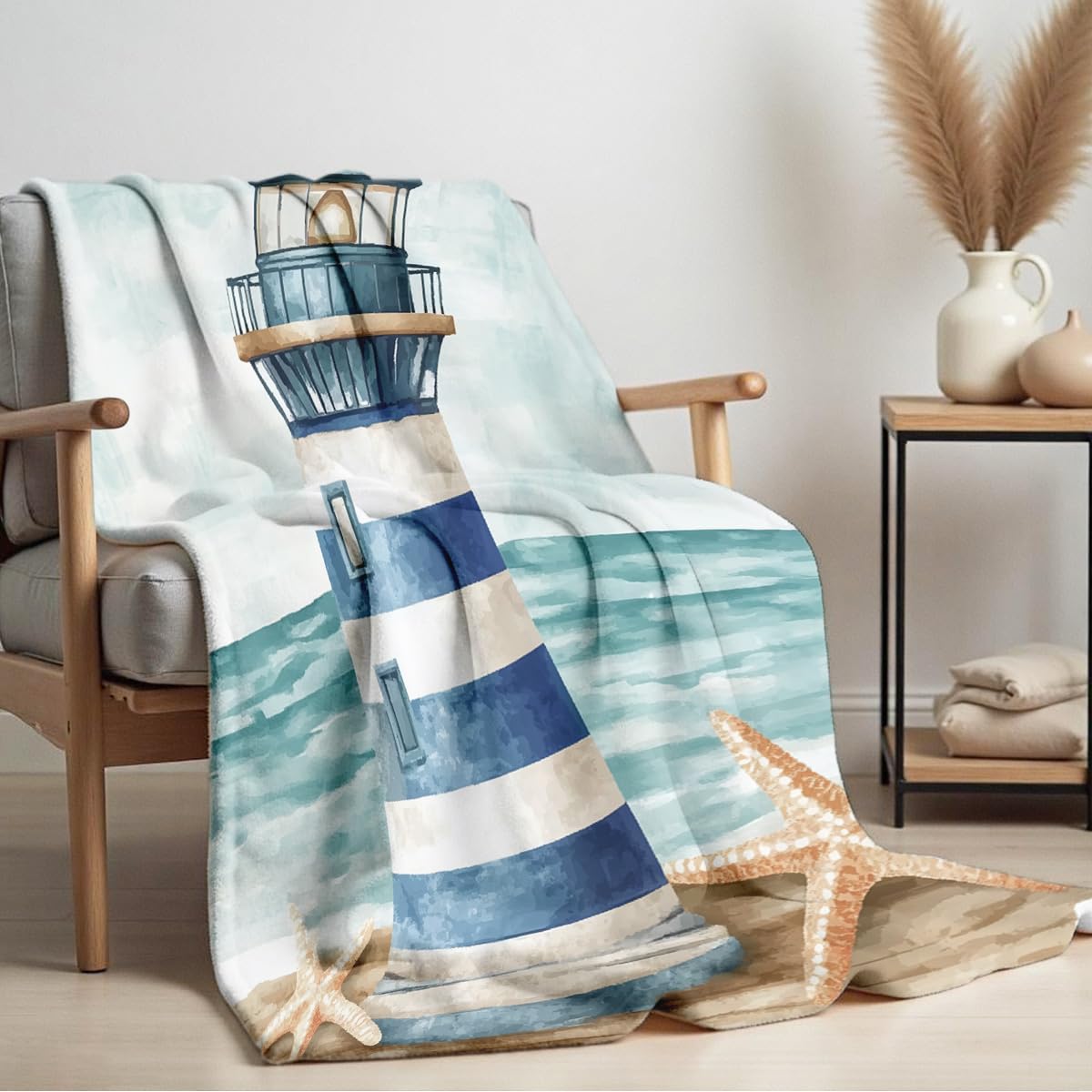 HUNXIAOJ Lighthouse Print Throw Blanket Coastal Flannel Blanket for Couch Bed Nautical Lighthouse Throw Soft Bedding Beach Bedroom Decor Gifts (49"x59")