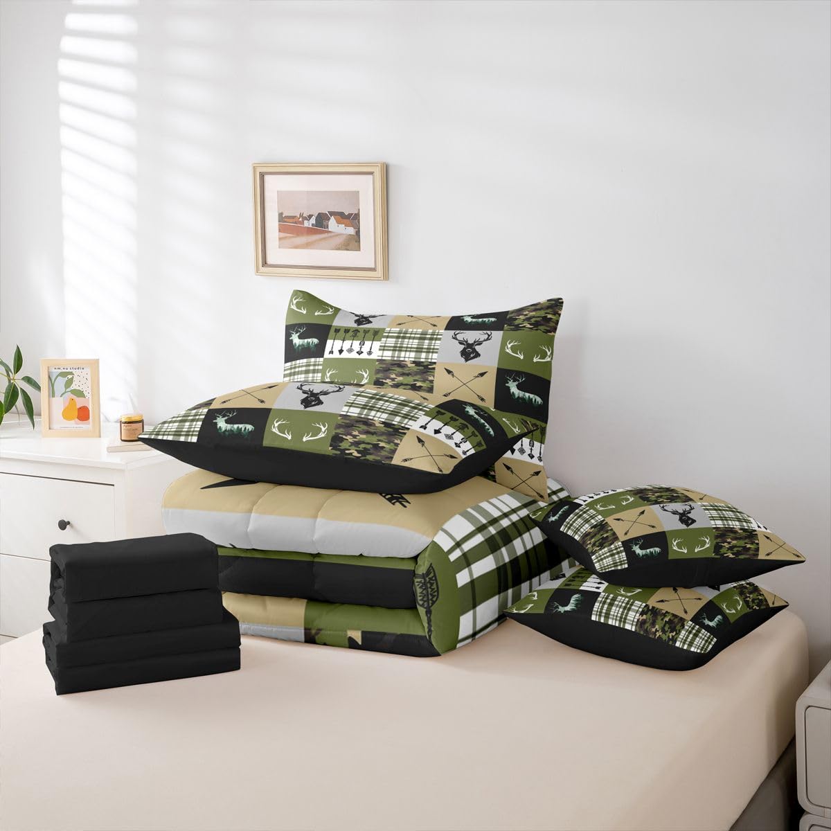 Feelyou Camo Comforter Set Twin Size 7 Pieces Deer Hunting Bedding Set for Kids Boys Girls Camouflage Bed in a Bag with Comforter, Sheets, Pillowcases, Cushion Covers Antlers Bedroom Decor Quilted