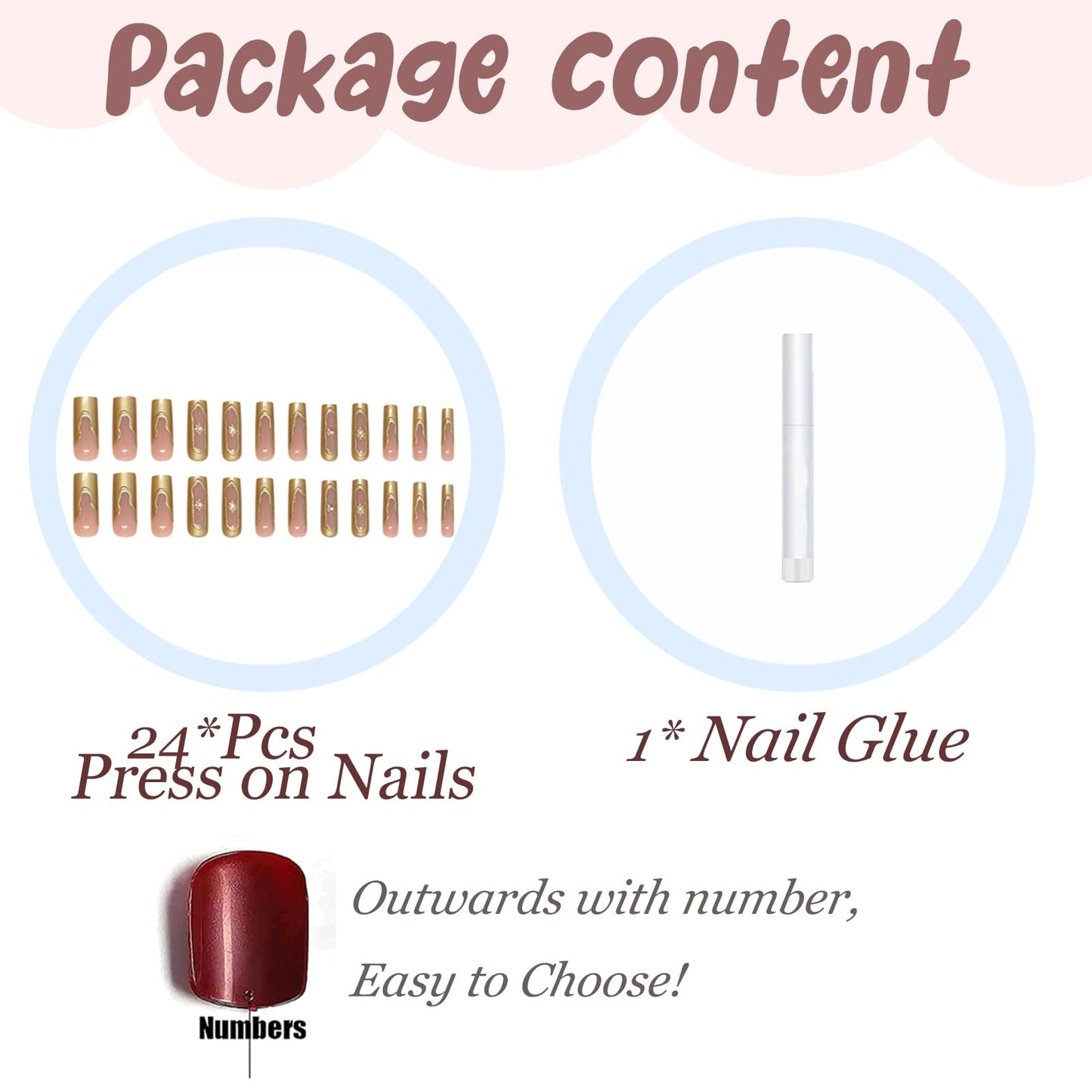 BABALAL Nails Press on Long Square Fake Nails Gold Glue on 3D Texture Chrome Acrylic False Nails Y2k Star Stick on 24Pcs Manicure Handmade Artificial