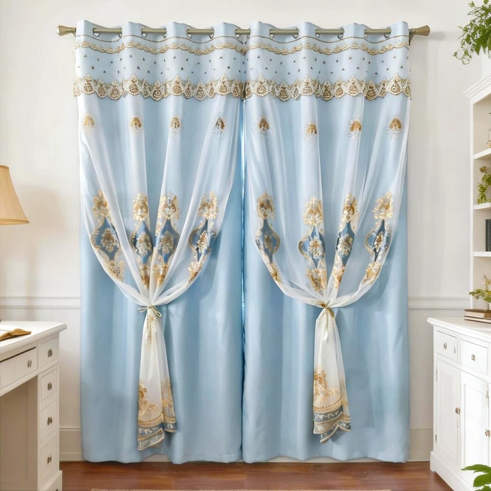 Amidoudou 1 Pair European Double Layer Curtains with Sheer Curtains for Living Room Bedroom Luxury Embroidered Blackout Curtains (Blue,52x84 Inch)
