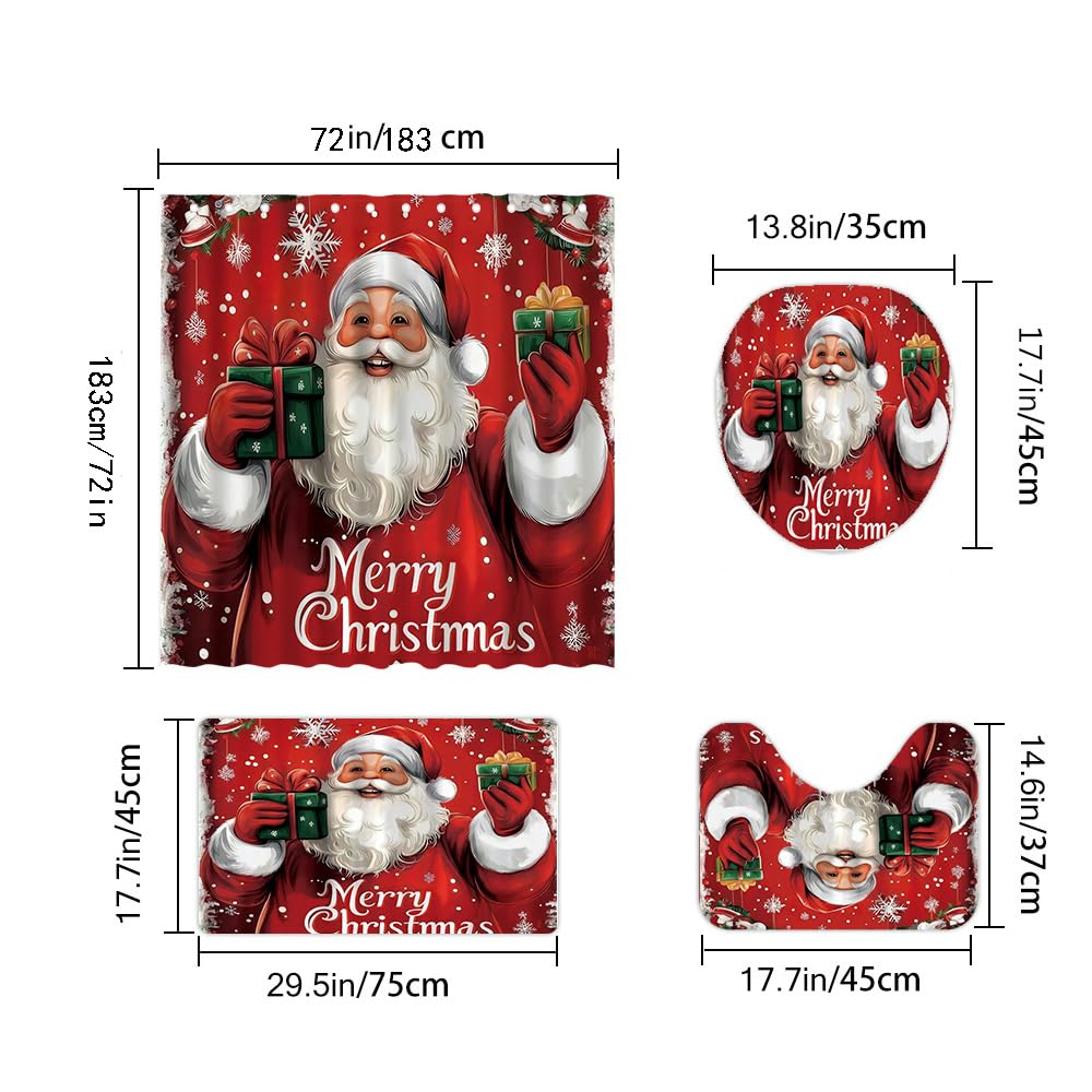 Czrqvyx Merry Christmas Shower Curtain Sets for Bathroom,Red Santa Claus with Non-Slip Rugs Toilet Lid Cover and Bath Mat 12 Hooks Waterproof 4 PCS Bathroom Decor Set for Christmas Decor