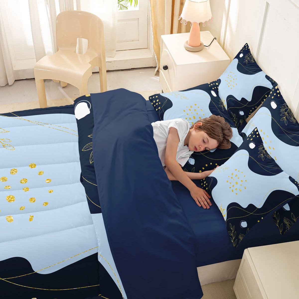 Erosebridal Black and Blue Twin Comforter Set with Sheets Mid Century 7-Piece Bedding Set Modern Abstract Bed in a Bag, Boho Geometric Bed Sets