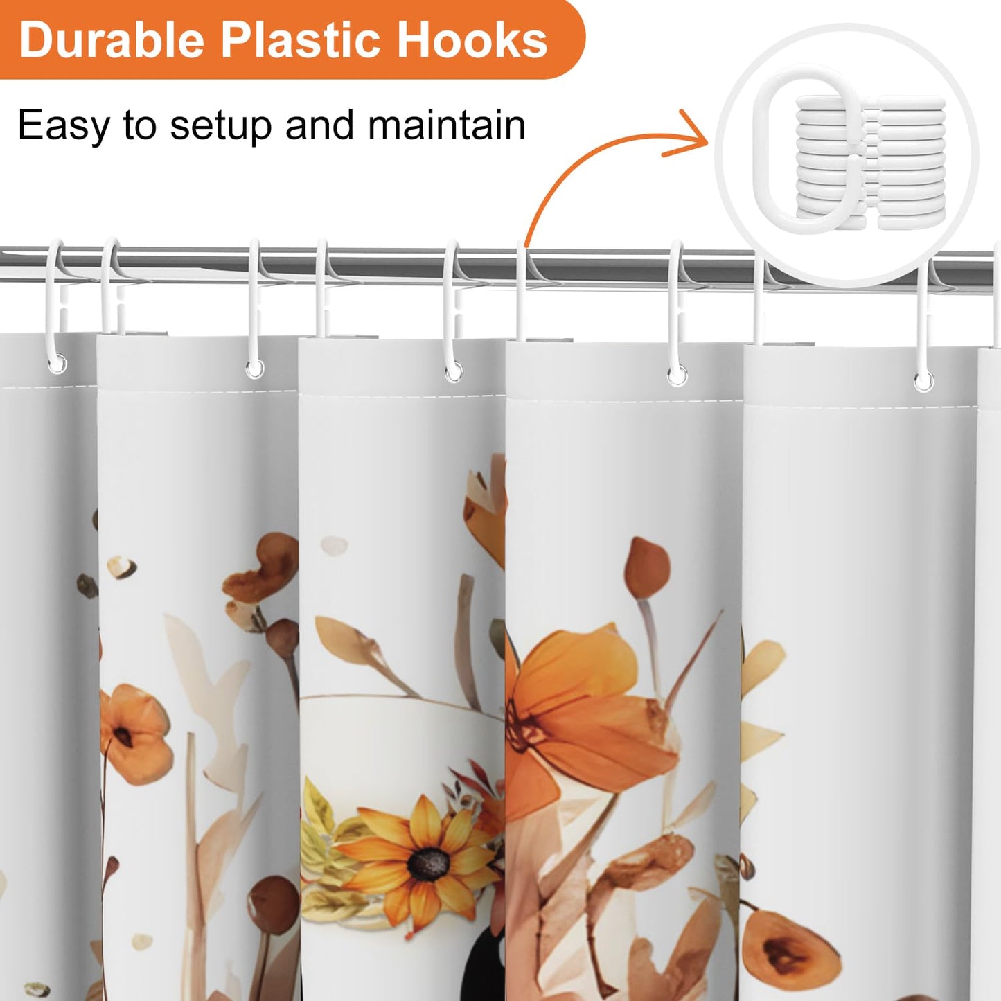 deFouliao Halloween Shower Curtain White Cute Ghost Fall Pumpkin Floral Bathroom Curtain Sets for Halloween Autumn Bath Home Decor, Waterproof Fabric Decor with Hooks 72x72 Inch