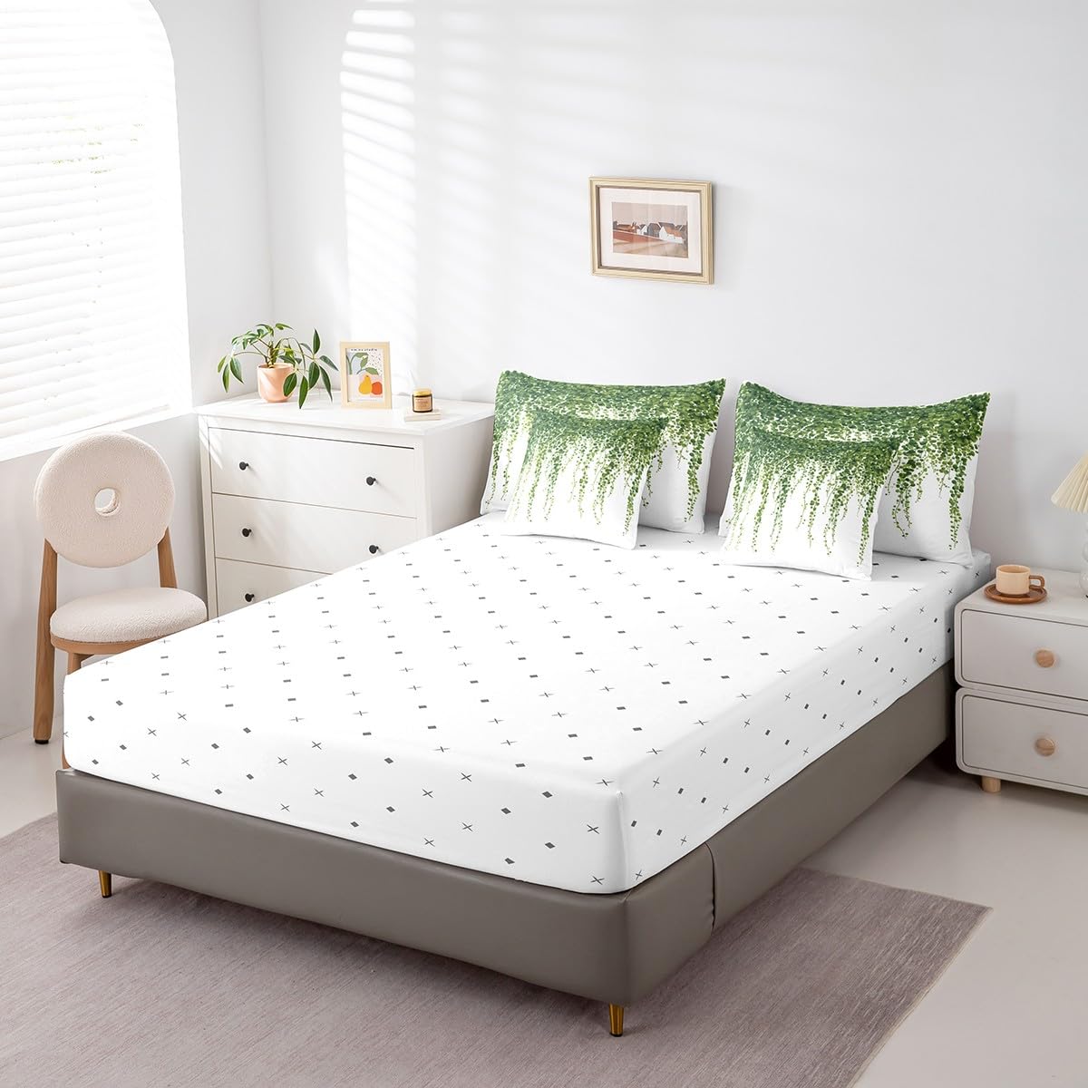 jejeloiu Leaves Comforter Set 7 Pieces Full Size Kids Botanical Garden Bed in a Bag for Boys Girls Nature Bedding Set Spring,Comforter + Sheets + Pillowcases + Cushion Covers