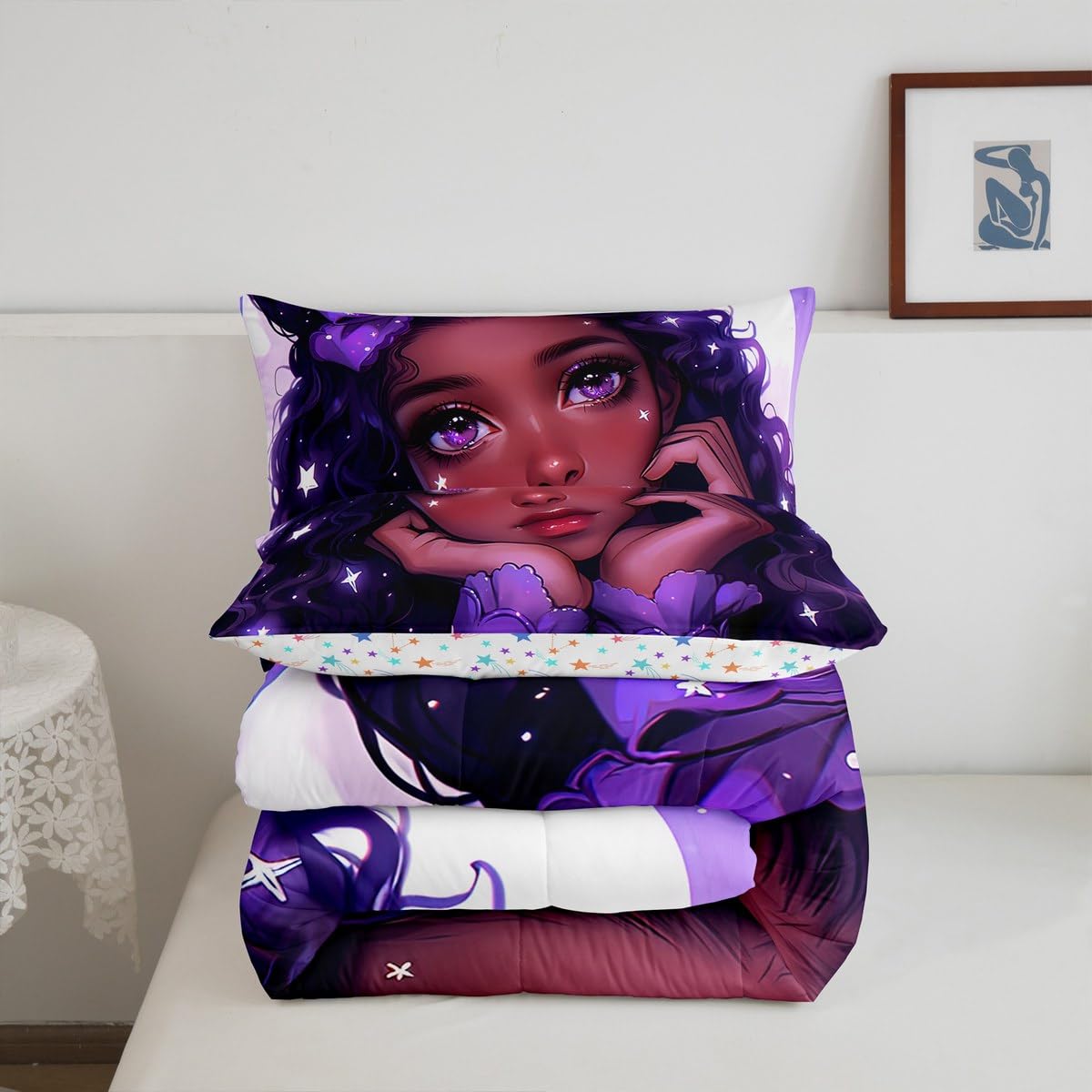 Erosebridal Afro Hair Girl Twin Comforter Set for Little Girls,Toddlers Cute Afro Melanin Princess Bedding Set,Purple Bow American Black Girls Quilt for Girls Bedroom
