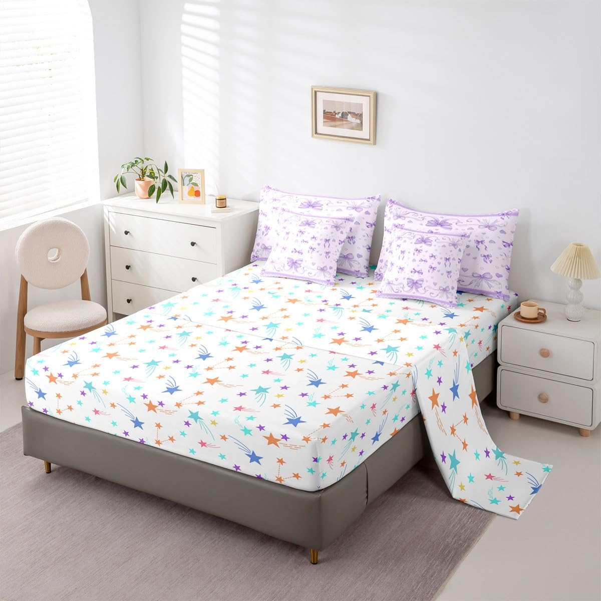 Feelyou Bowknot Comforter Set with Sheets 7 Piece Twin Size Dreamy Princess Bedding Set for Kids Boys Girls Cute Bow Bed in a Bag Love Hearts Room Decor Soft Lightweight Microfiber
