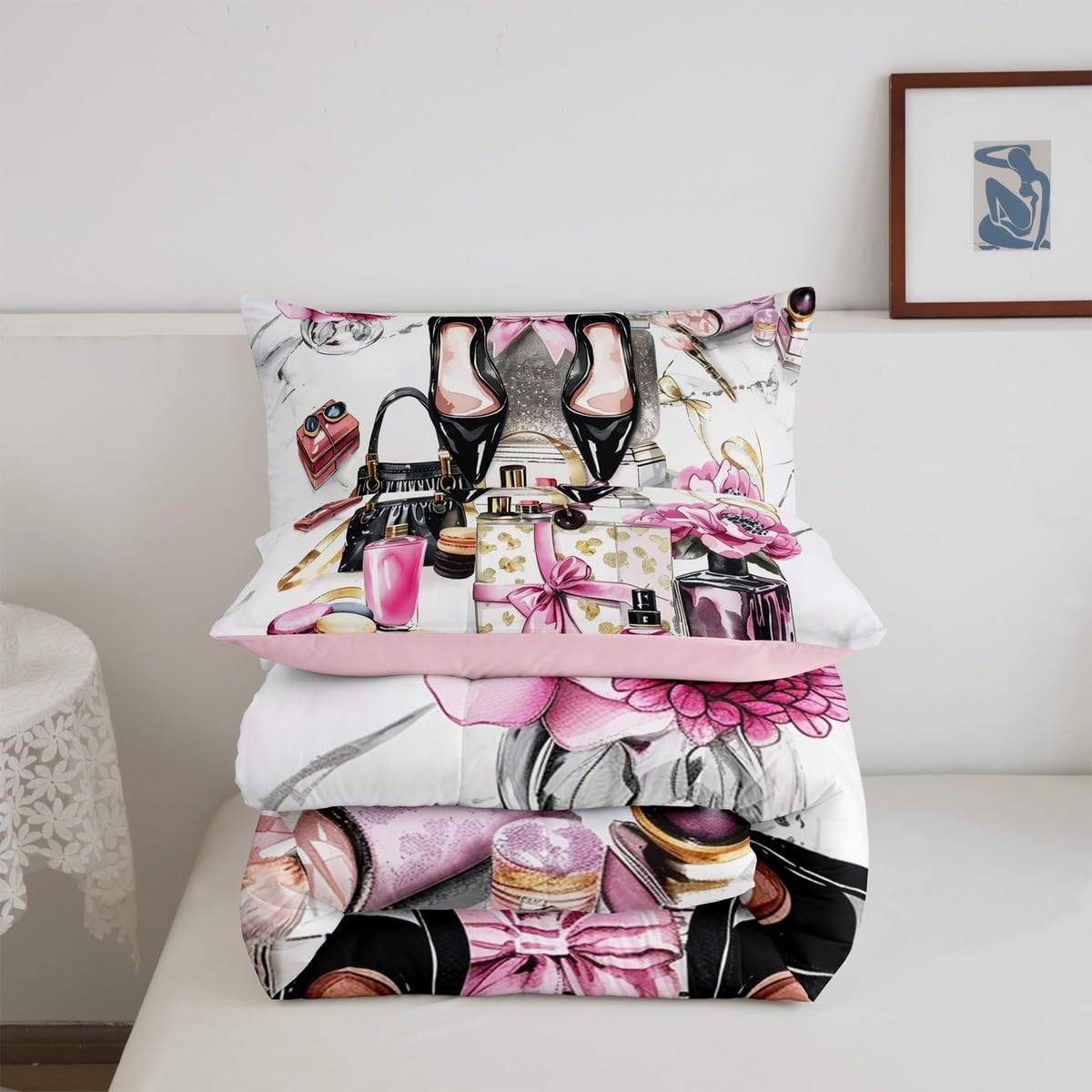 Erosebridal Pink Comforter King Size Cute Flower Girly Bedding Set Bow Coquette Sweet Bed Sets Modern Magazine Silver High Heel Girls Women Duvet Insert Preppy Makeup Romantic Fantasy Room Decor