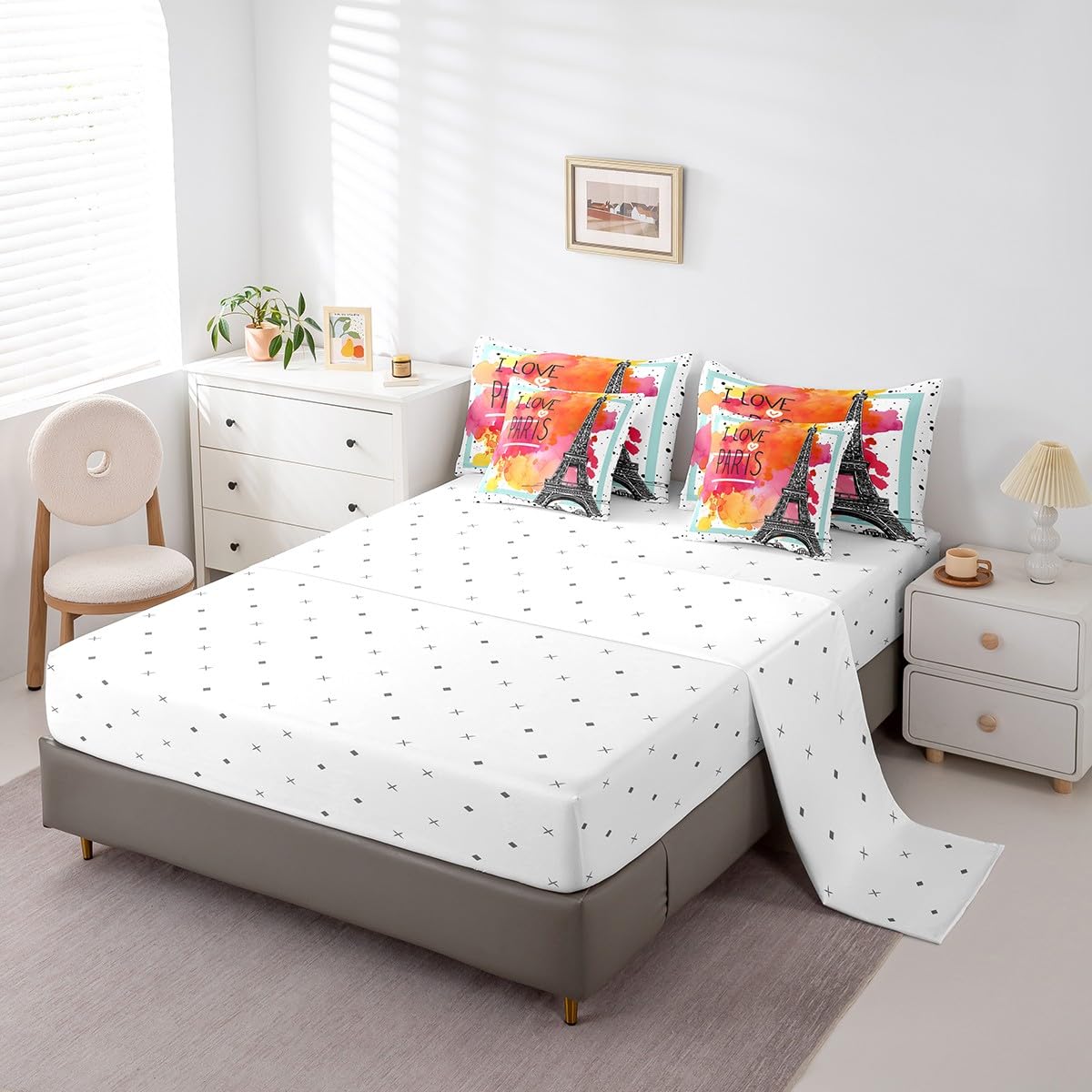 Erosebridal Eiffel Tower Comforter Set 7 Piece Bed in a Bag Twin,City Building of Paris Bedding Sets Romantic France Comforter and Sheet Set,Ink Art Tie Dye Bed Set