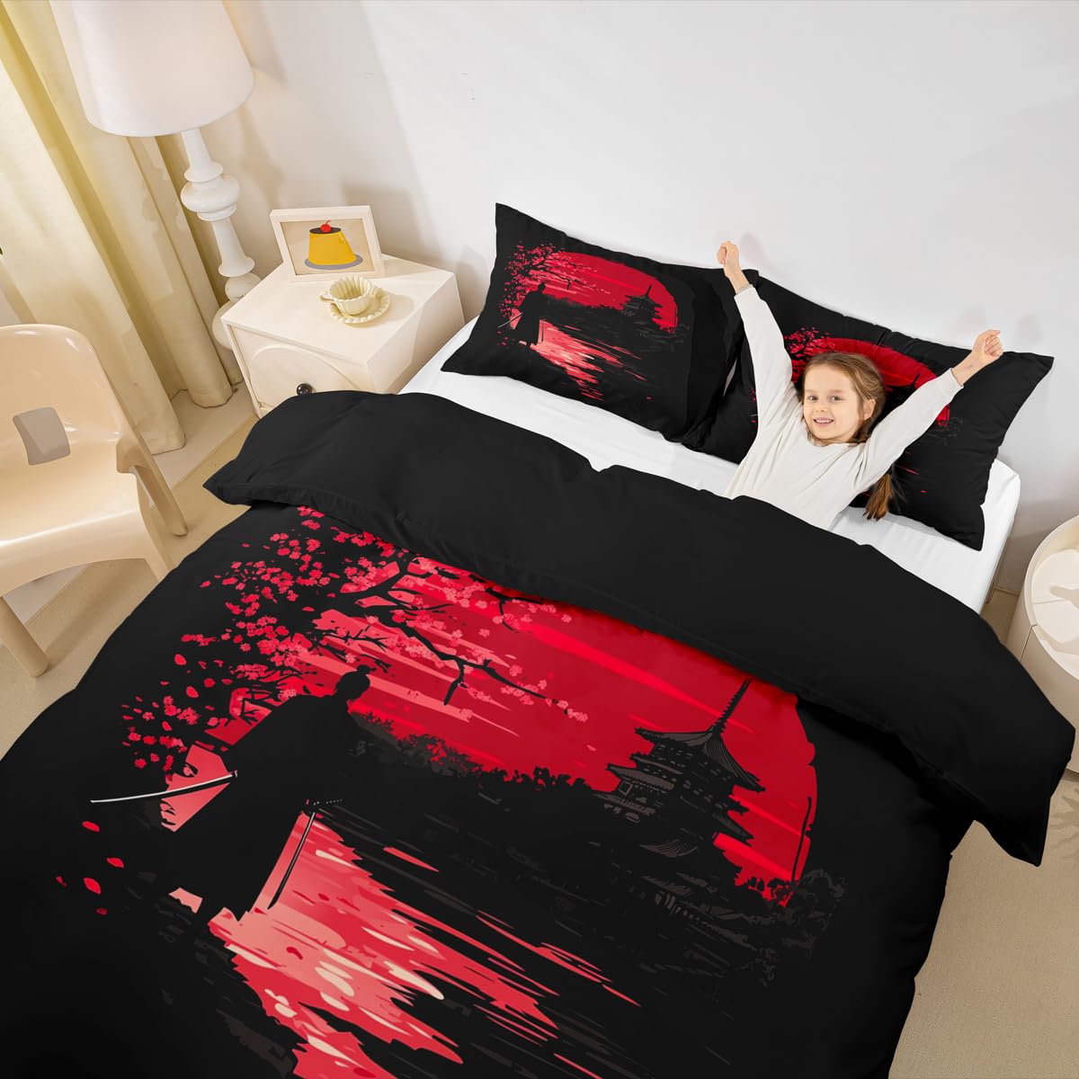 Erosebridal Samurai Bedding Set, Sunset Duvet Cover, Japanese Samurai Quilt Cover, Scenery Silhouette Comforter Cover, Room Decoration for Men (1 Duvet Cover with 2 Pillow Cases),Full Size