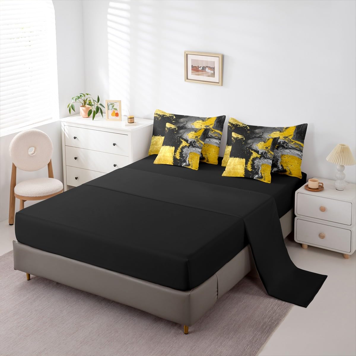 Feelyou Abstract Comforter Set with Sheets 7 Piece King Size Modern Abstract Art Bedding Set for Kids Boys Girls Luxury Bed in a Bag Geometric Room Decor Yellow Black Soft Lightweight Microfiber