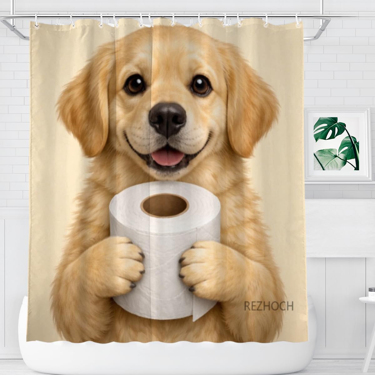 REZHOCH Funny Golden Retriever Shower Curtain 72x72 Inch,Cute Puppy Holding Toilet Paper,Humor Animal Art Home Bathroom Farmhouse Decor,Waterproof Fabric Bath Curtain Set with Hooks