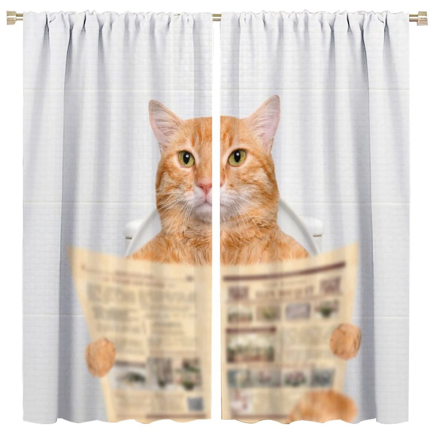 Funny Animal Bathroom Curtains,Cute Cat Reading Newspaper on Toilet Lovely Kitty for Pet Lover Window Drapes for Living Room Kitchen Bedroom Decor,Set of 2 Panel W42xL45in