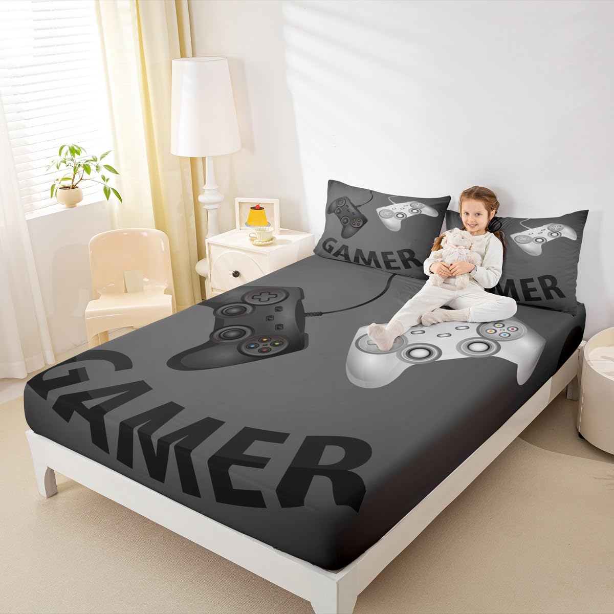 Erosebridal Gamepad Bedding Set Twin Size for Kids Boys Girls, Video Games Decor Bed Cover Gaming Controller Fitted Sheet Gamer Theme Fitted Sheet Set, Child Teens Gift Present, Black