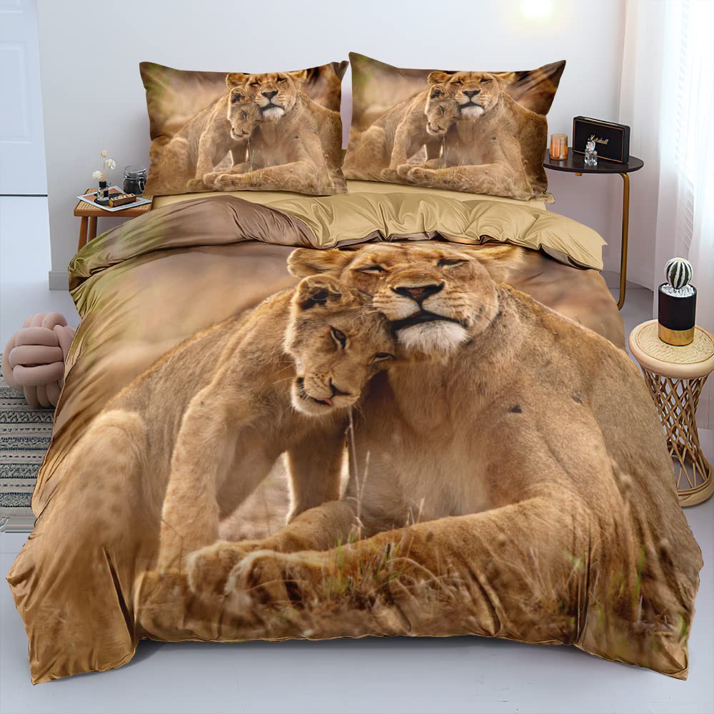 Holiyjog Animal Lions Pattern Duvet Cover Set King Size Wild Lion Comforter Covers and Pilliw Shams Camel Color Bedding Sets Romantic Jungle Theme Bedroom Deco Gift