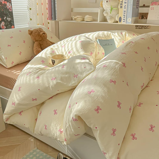 Sedefen Bow Duvet Cover Queen Size Pink Bowknot Duvet Cover Set with Heart Printed 3 Pcs Kids Boys Girls Princess Style Cute Bows Reversible Bedding Set with Zipper Closure