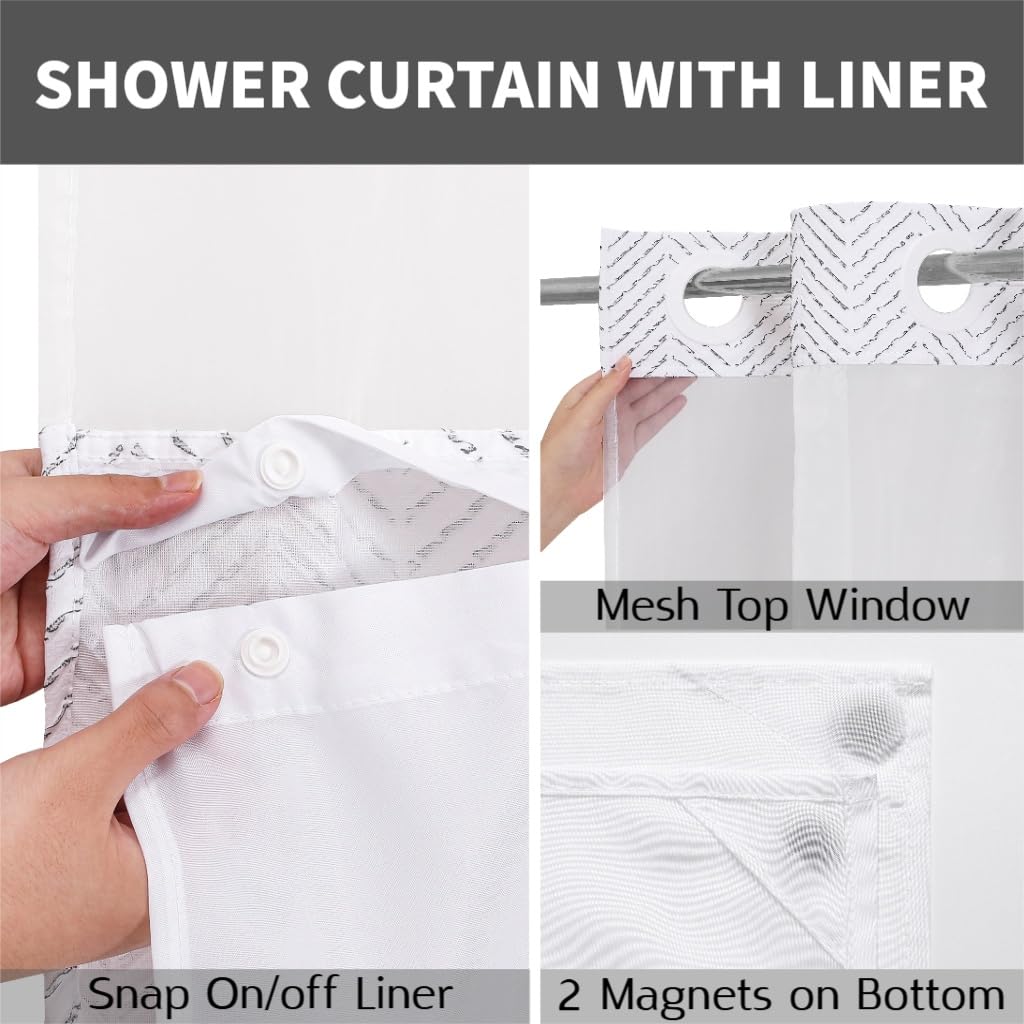 HONCO DIRECT No Hooks Black Boho Farmhouse Cloth Fabric Shower Curtain, 3D Textured Arrow Striped Minimalist Modern Shower Curtain with Snap-in Liner & See Through Window Sets, 72x72 inches