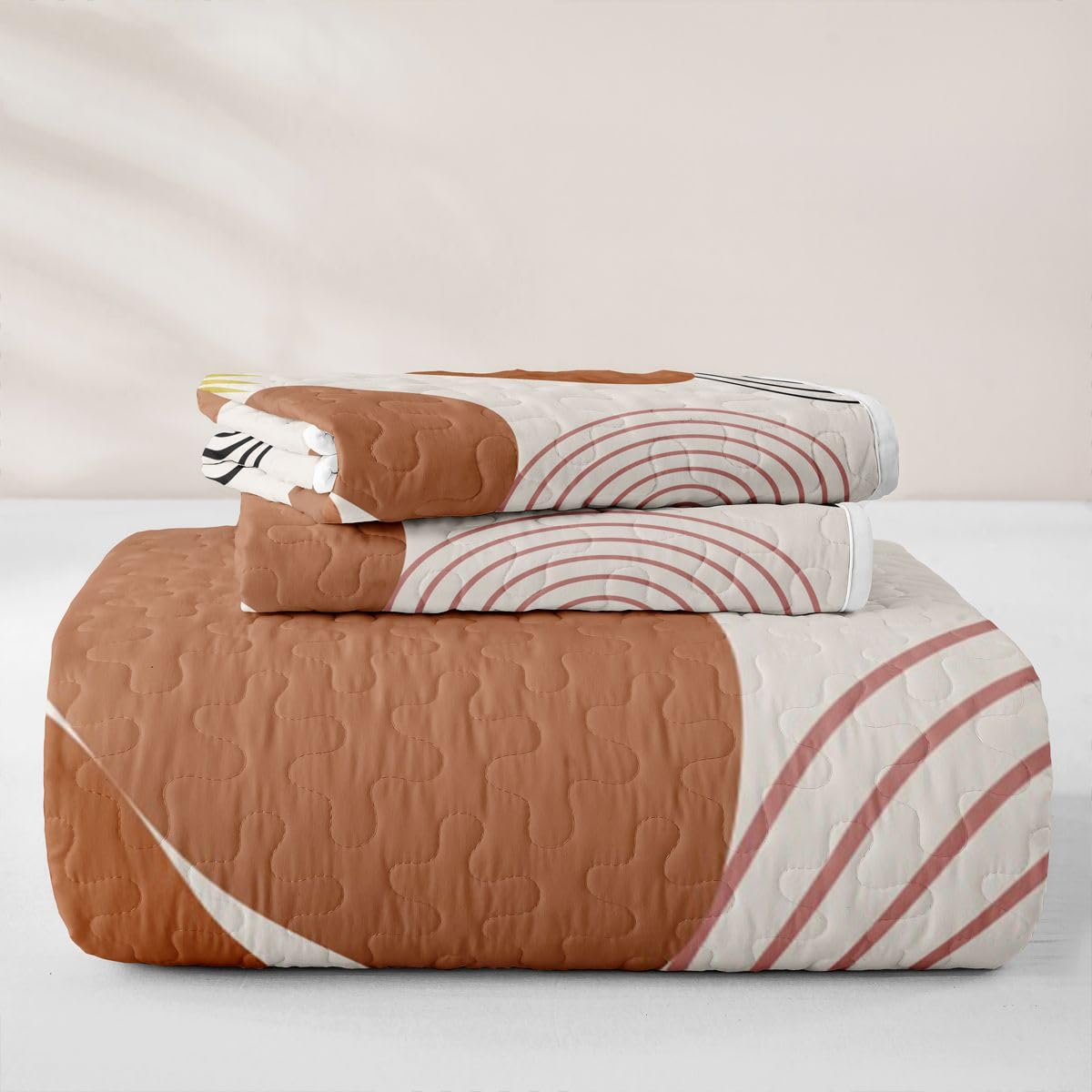 Erosebridal Boho Mid Century Quilted Bedspreadd Set Twin Bohemian Abstract Geometric Coverlet Set Modern Minimalistic Simple Bed Set Brown Orange Bedding Set