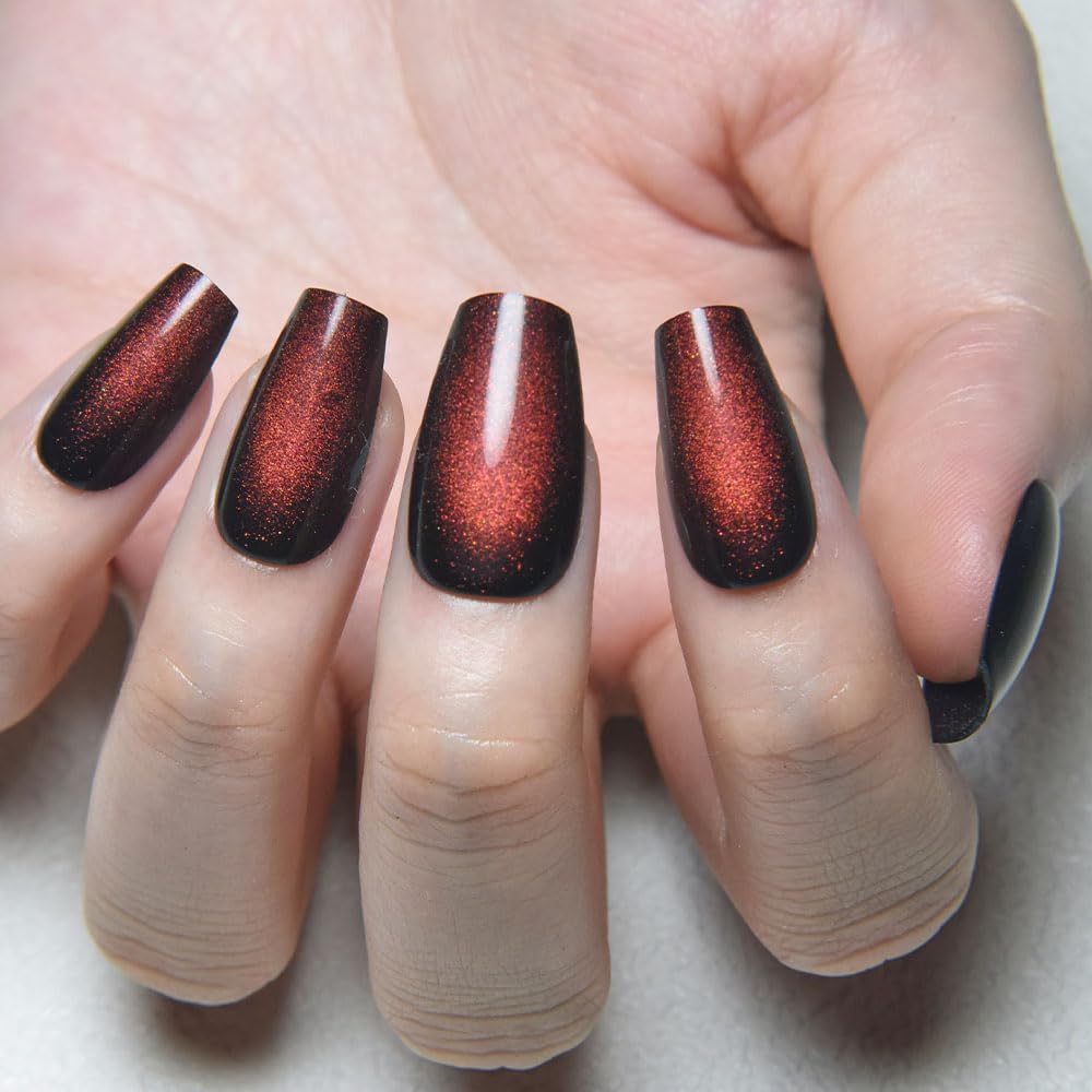 evpct Reddish Brown Cat Eye Coffin Press on Nails Medium Square No Glue, Medium Square Stick on Nails for Women Gift, Wine Red Metallic Glitter Glossy Reusable Spring Summer Press on Acrylic Fake Nail
