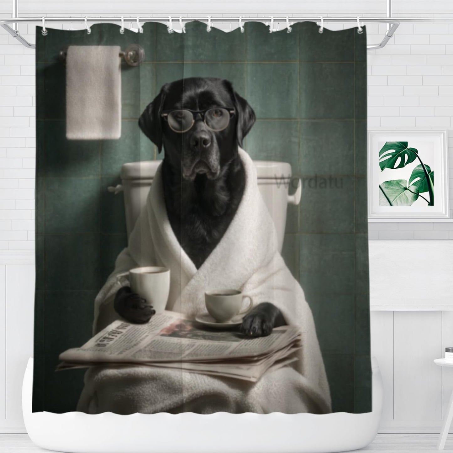 Wordatu Funny Black Labrador Dog Bathroom Curtain, Cute Dogs Reading Newspaper on Toilet, Washable Cloth Kids Shower Curtain Set 72X72 Inches with 12 Hooks