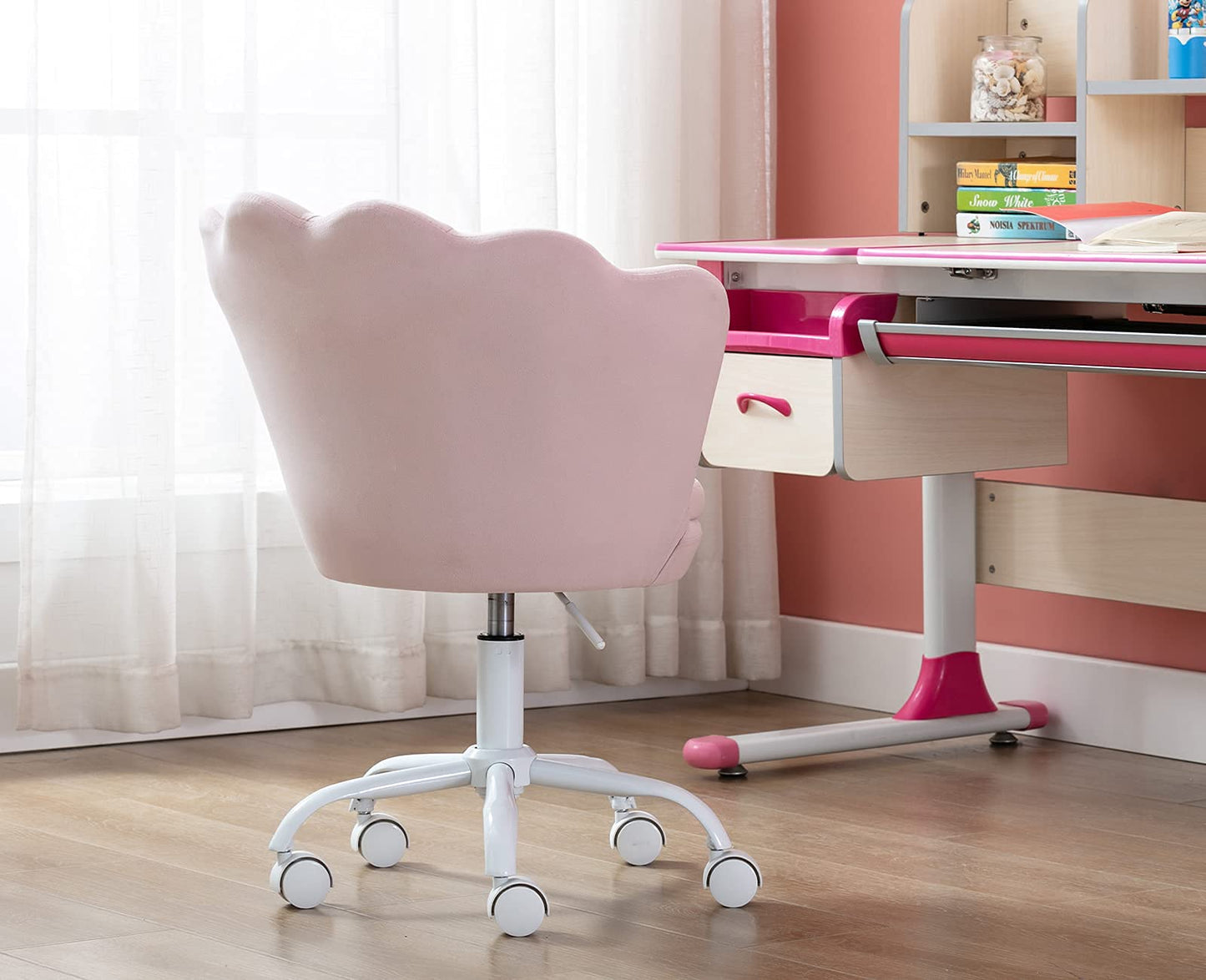 chairus Cute Kids Desk Chair Velvet Living Room Accent Armchair Upholstered Teens Vanity Chair with Seashell Back, Adjustable Swivel Children Study Chair for Computer Homework, Pink