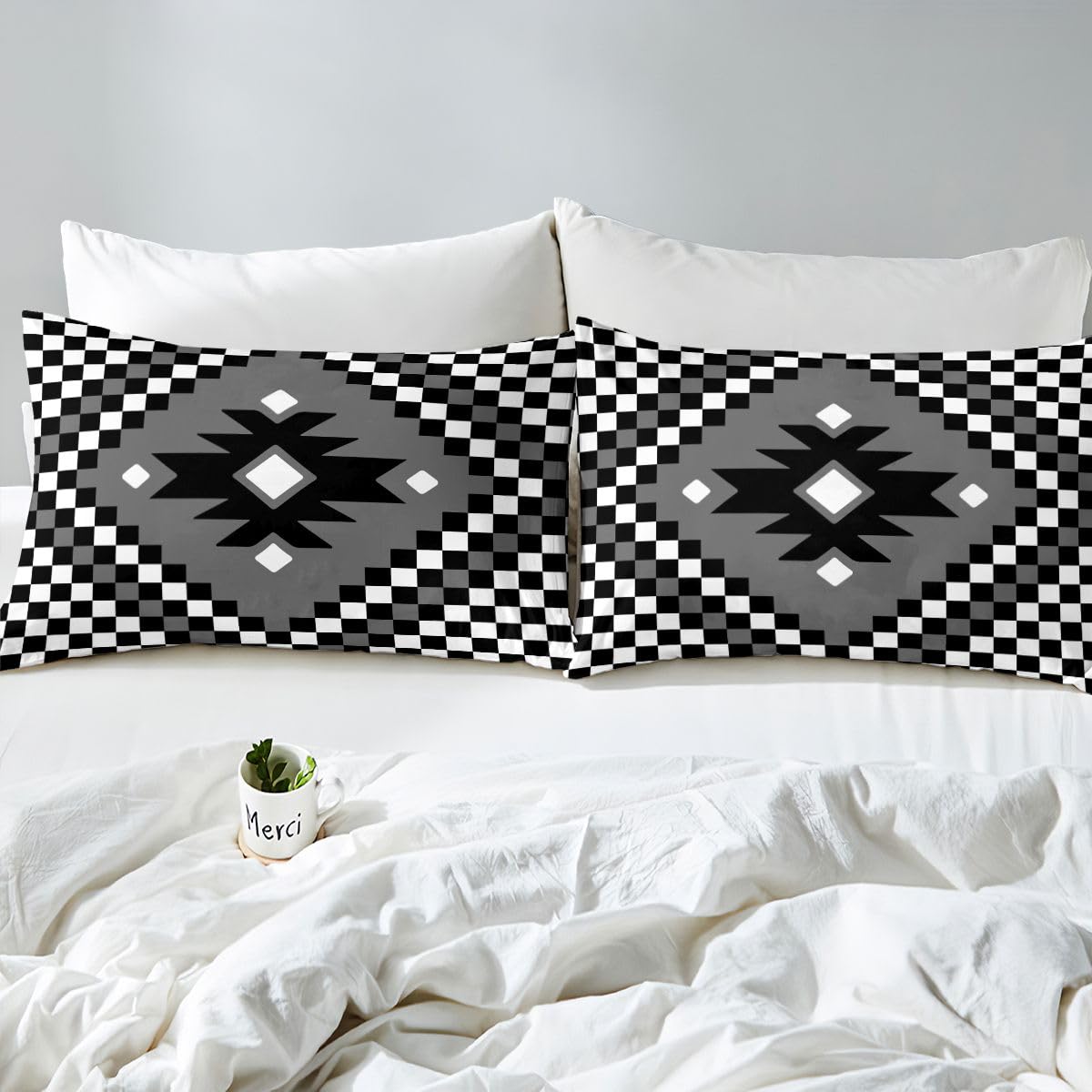 Feelyou Aztec Bed Sheets Sets King Size Kids Boys Girls Black White Checkered Bedding Set Boho Western Decor Bed Sheet Set with 16-Inch Deep Pockets Farmhouse 4Pcs with 2 Pillow Cases
