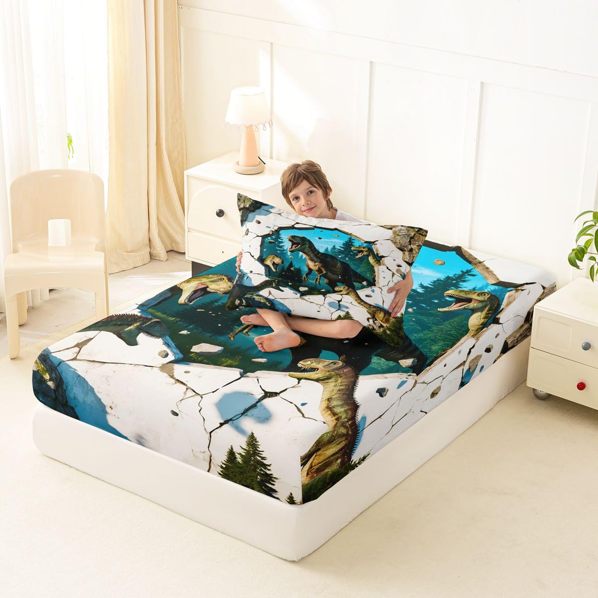Feelyou Dinosaur Bed Sheets Set Twin Size 3D Digital Print Deep Pocket Fitted Sheet Jungle Dino Bedding Sets Wild Animal Soft Bed Set 3Pcs with 1 Pillow Cases Blue White Green