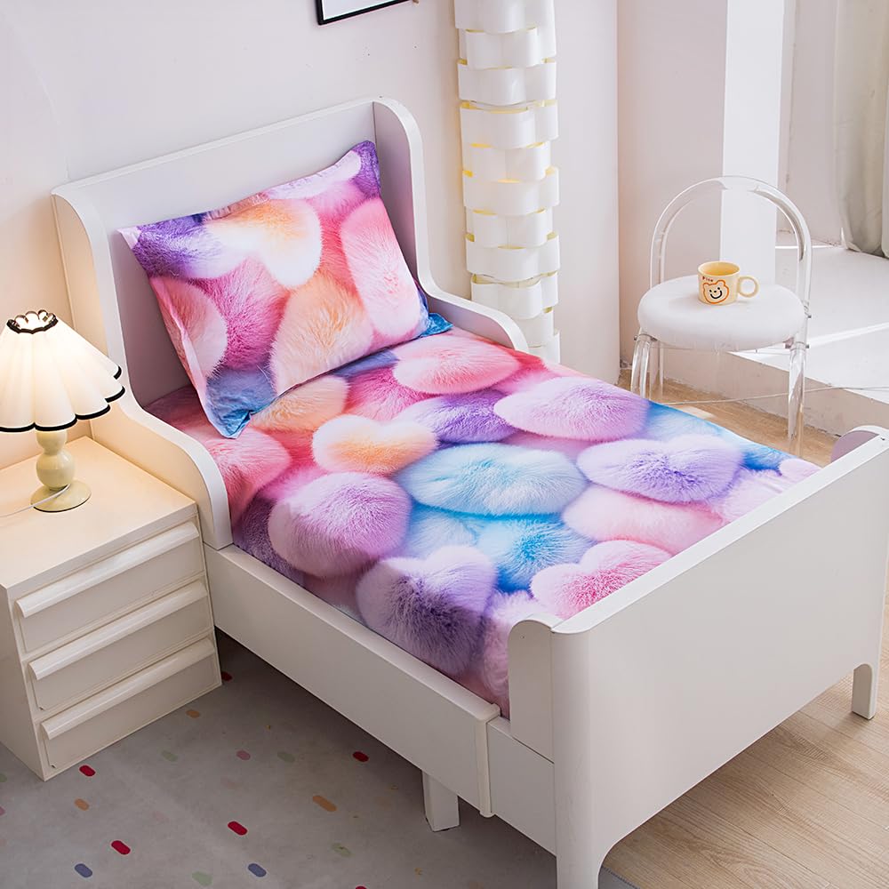 KWLOVER 2PC Soft Bed Fitted Sheet and Pillowcases Set,3D Fluffy Heart Pattern Printed Bed Sheets for Kids Boys Girls Twin Size Bed (Colorful Heart, Twin)