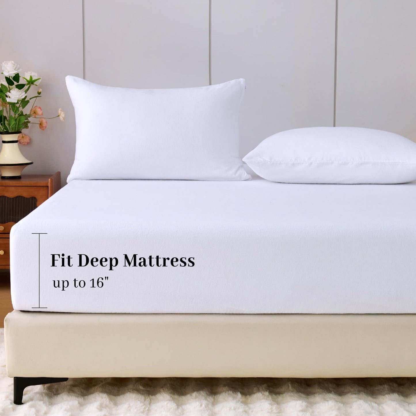 LANYETON 100% Cotton Flannel Fitted Sheet Only, Ultra Soft Cozy Warm Fitted Bottom Sheet for All Season, 16" Deep Pocket, White, King