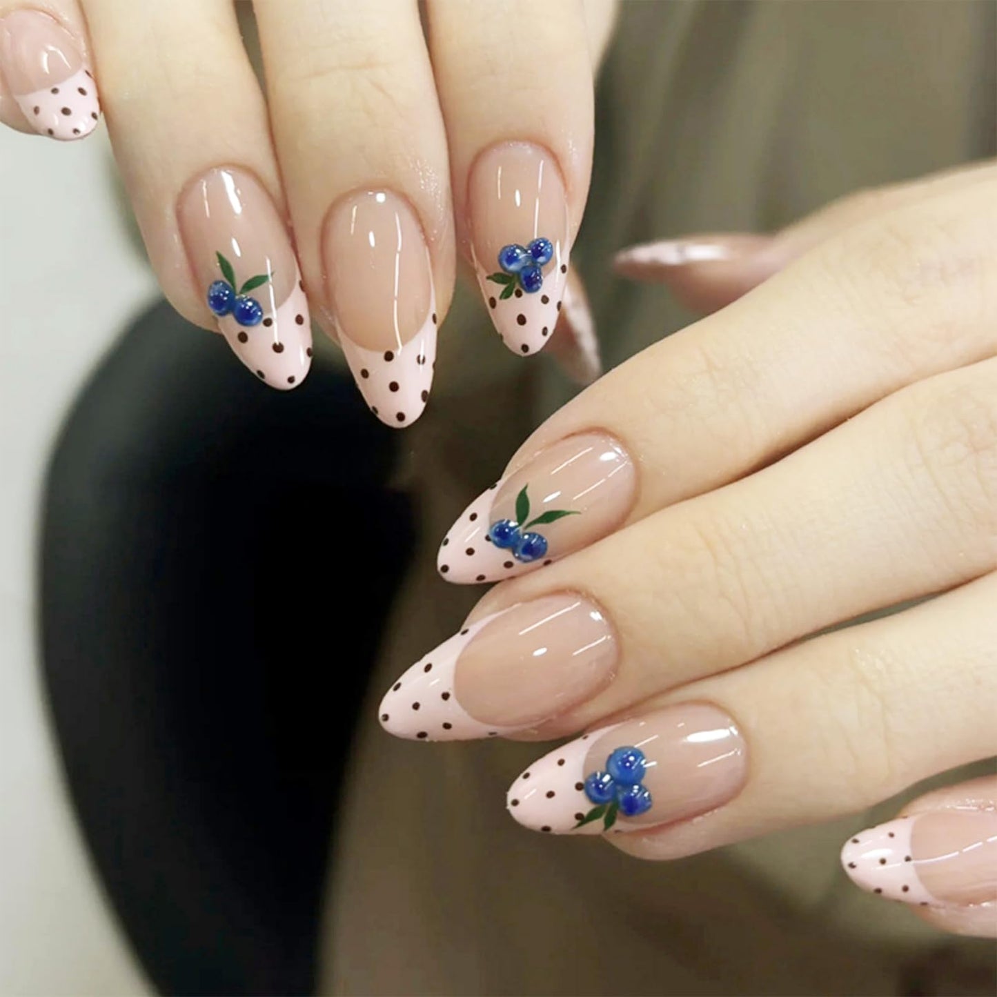 octoswave Medium Almond Press on Nails Polka Dot French Tip 3D Blueberry False Nails for Women Girls Party Prom 24Pcs