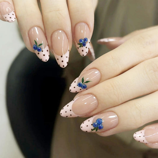 octoswave Medium Almond Press on Nails Polka Dot French Tip 3D Blueberry False Nails for Women Girls Party Prom 24Pcs