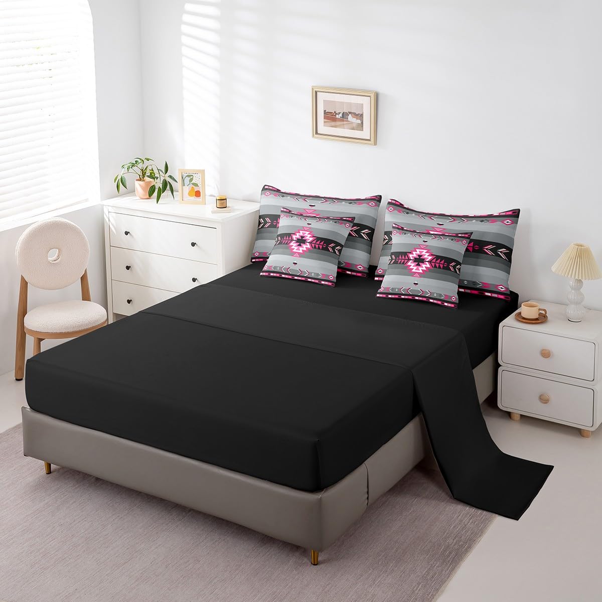 Southwest Native American Bedding Set Queen Southwestern Geometric 7 Piece Bedding Set Decor Tribal Rose Pink Grey Black Bed Set Includes Comforter, Sheet Set, Pillowcases & Pillow Covers Modern Art