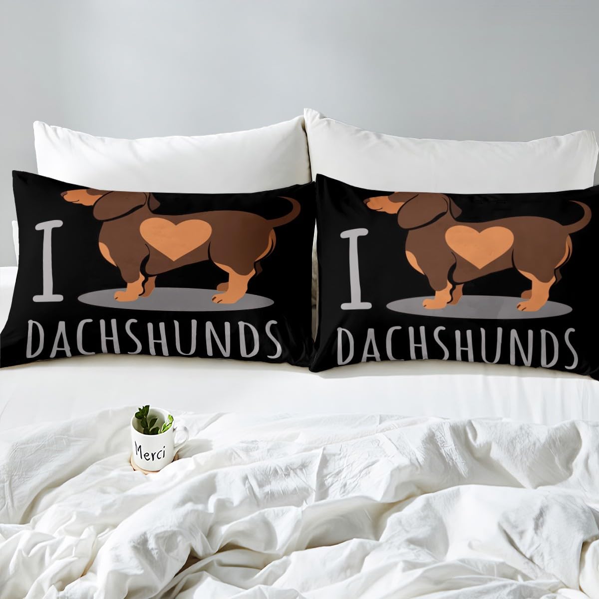 Feelyou Dachshund Sausage Duvet Cover Cartoon Puppy Dog Bedding Set Kids Boys Toddler Weiner Dog Comforter Cover Cute Dachshund Bedspread Bedroom Collection 3Pcs King Size,Black