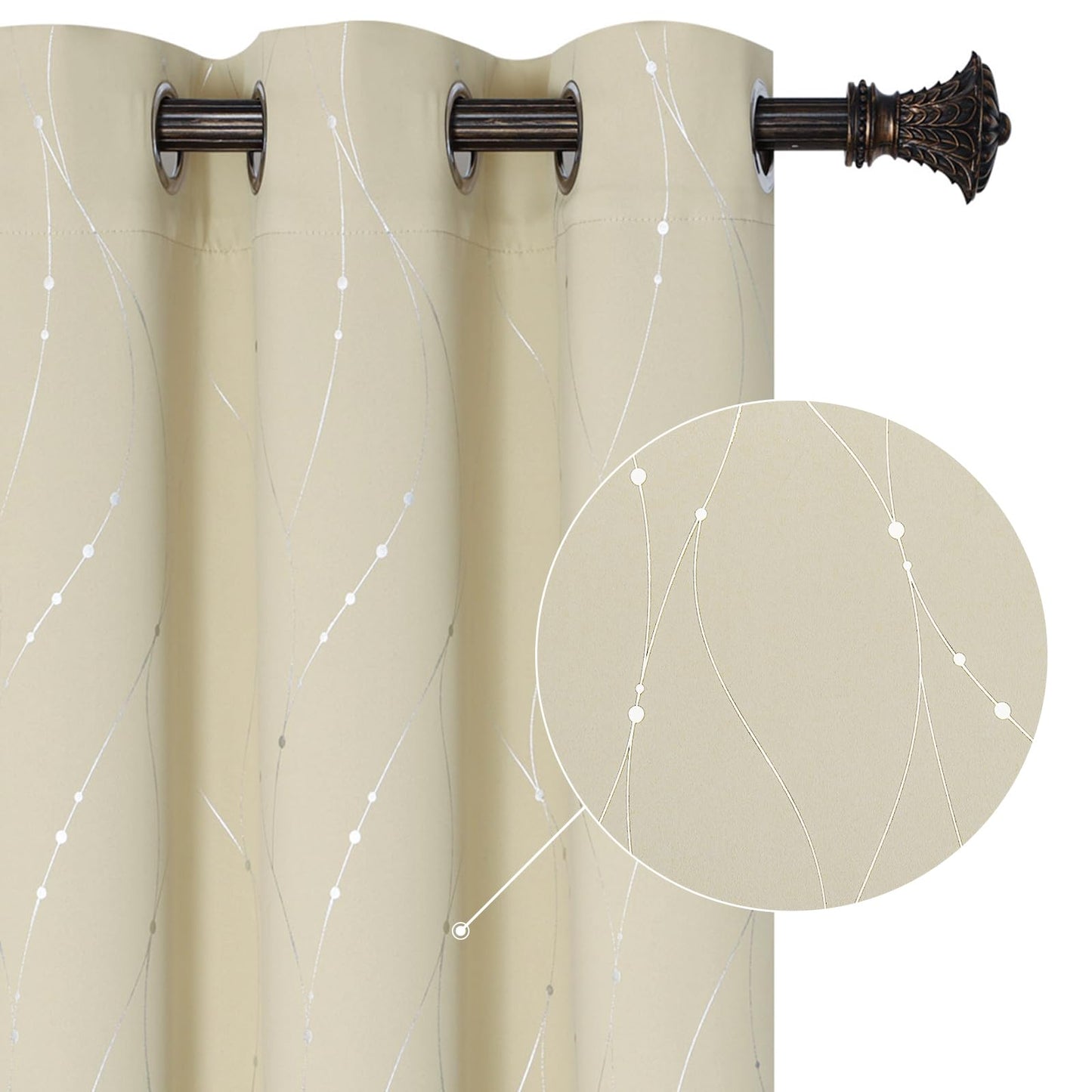 BUHUA Beige Curtains for Bedroom 84 Inch Length Silver Foil Print Light Blocking Curtains, Thermal Insulated Drapes, 38 x 84 Inch, Beige, 2 Panels
