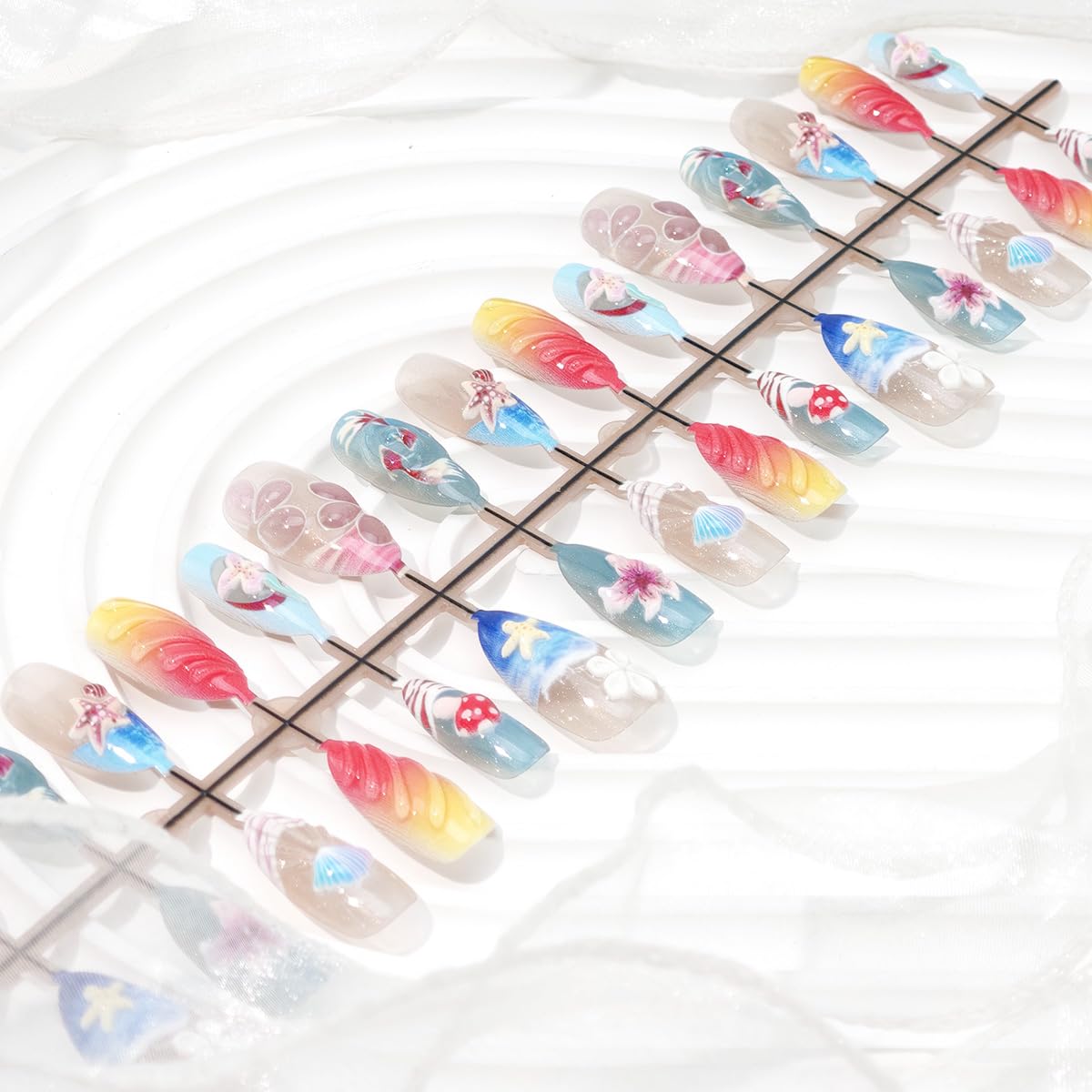 24Pcs Beach Press on Nails Medium Almond French Tip Fake Nails with 3D Shell Starfish Koi Flower Mushroom Designs Full Cover Glitter Stick on Nails Summer False Nails for Women Acrylic Manicure DIY