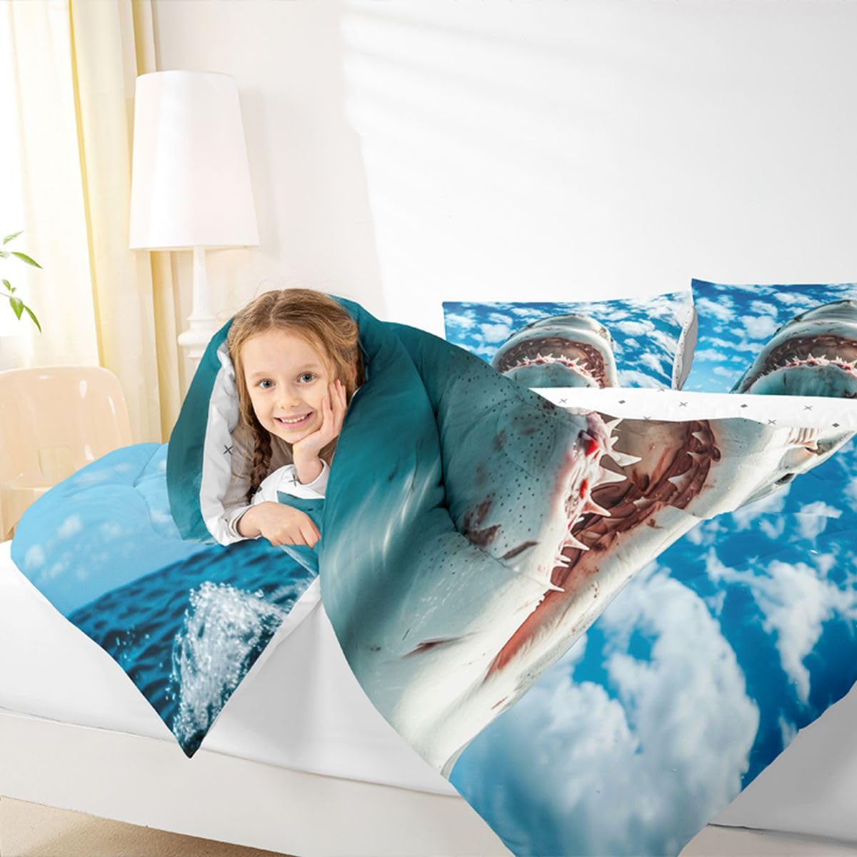 Feelyou Shark Bedding Set Soft for Boys Girls, Ocean Sea Animal Comforter Set Queen Size Sea Underwater World Duvet Quilt Microfiber Marine Theme Bedroom Decor 3 Pcs with 2 Pillow Cases