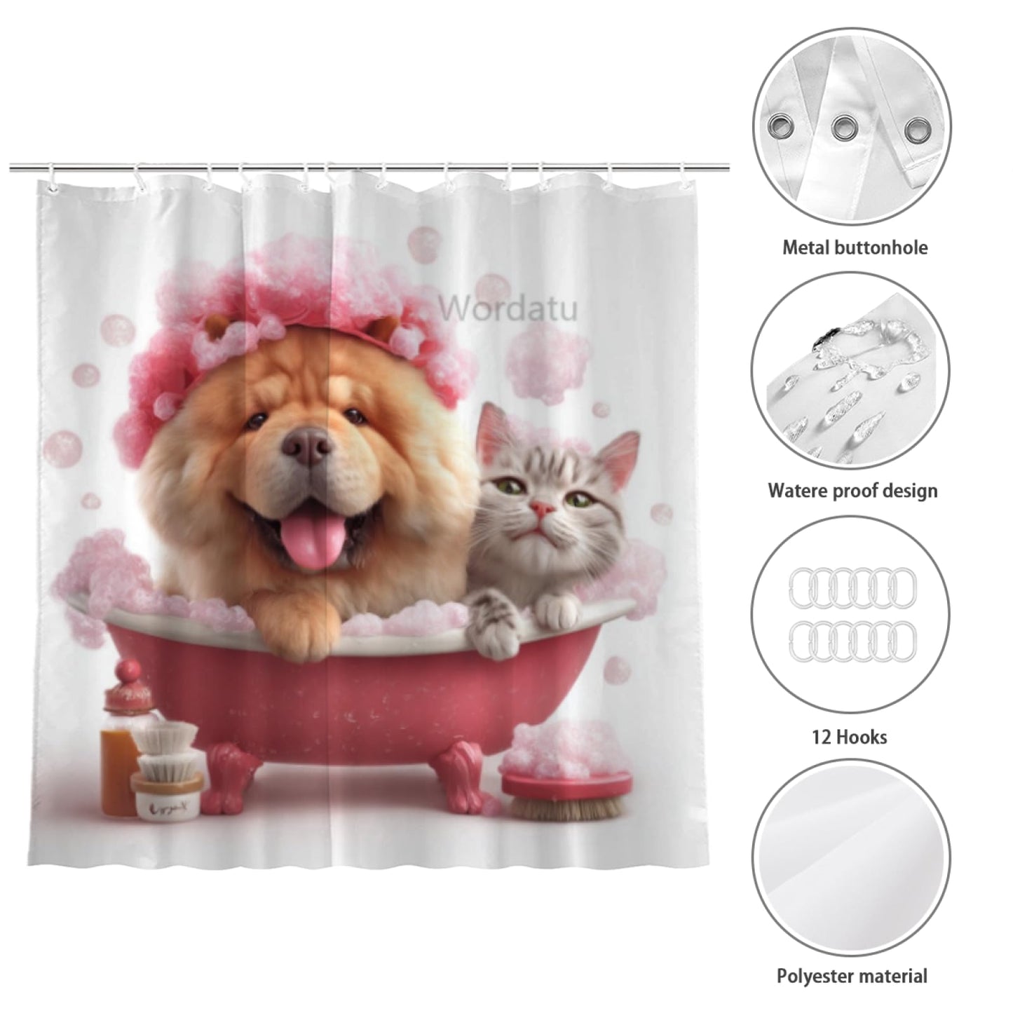 Wordatu Funny Chow-Chow-Dog Shower Curtain Decor Fabric Bathroom Curtains, Kids Children Cartoon Waterproof 72x72 inch with 12 Hooks