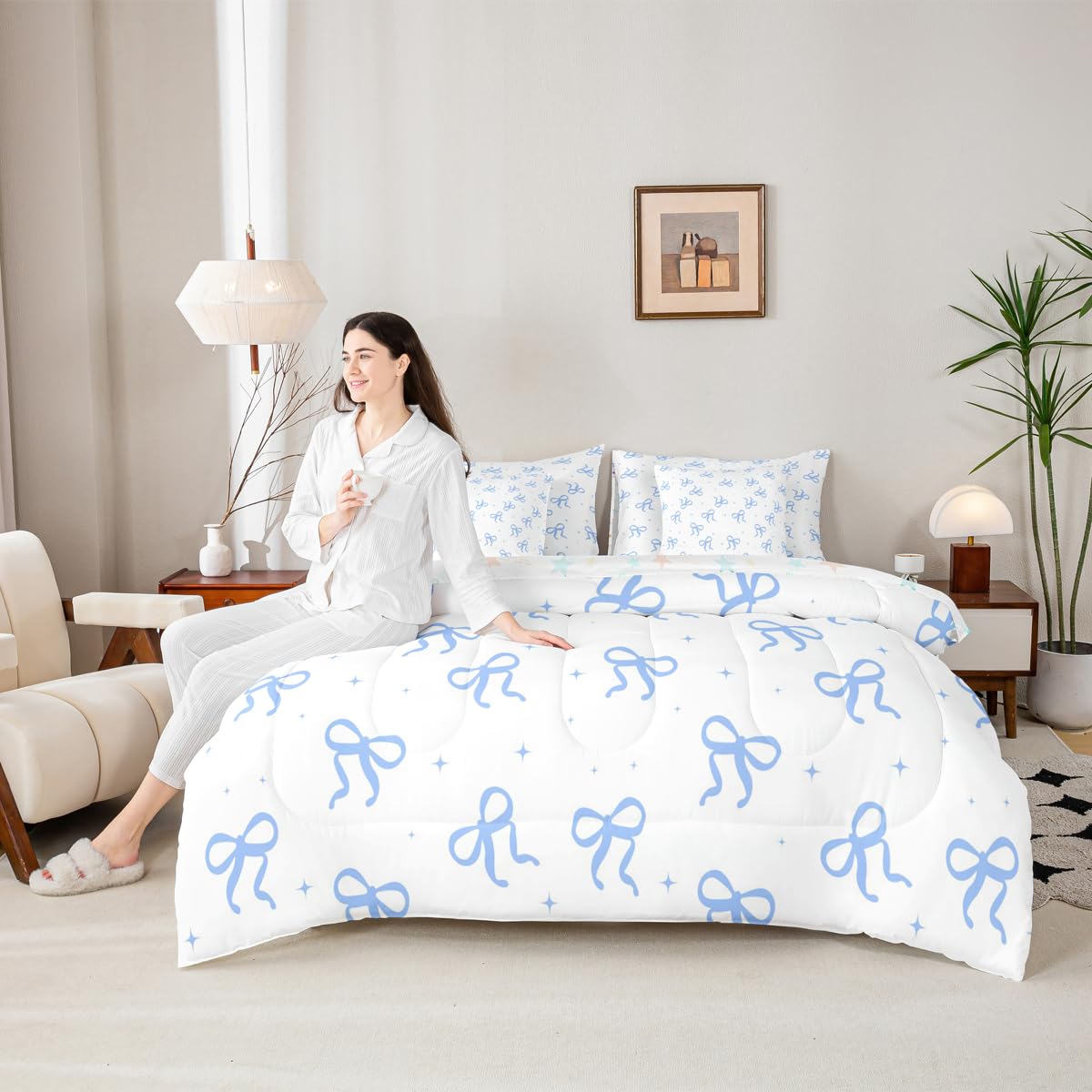 Erosebridal Blue Bow Comforter Set Twin Size (7 Pieces) | Teen Girl Cute Bow Bedding Set with Sheets Girly Trendy Bows Bed in A Bag with Flat and Fitted Sheets Preppy Modern Coquette Quilt Sets