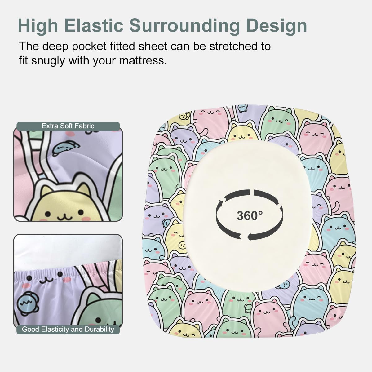 ARIGHTEX Cute Cat Fitted Sheet Set Twin Size, 3 Pieces Soft Kawaii Companion Bedding for Relaxing Sleep, Pastel Cartoon Kitty Microfiber Deep Pocket Bed Sheets with 2 Pillowcases (No Flat Sheet)