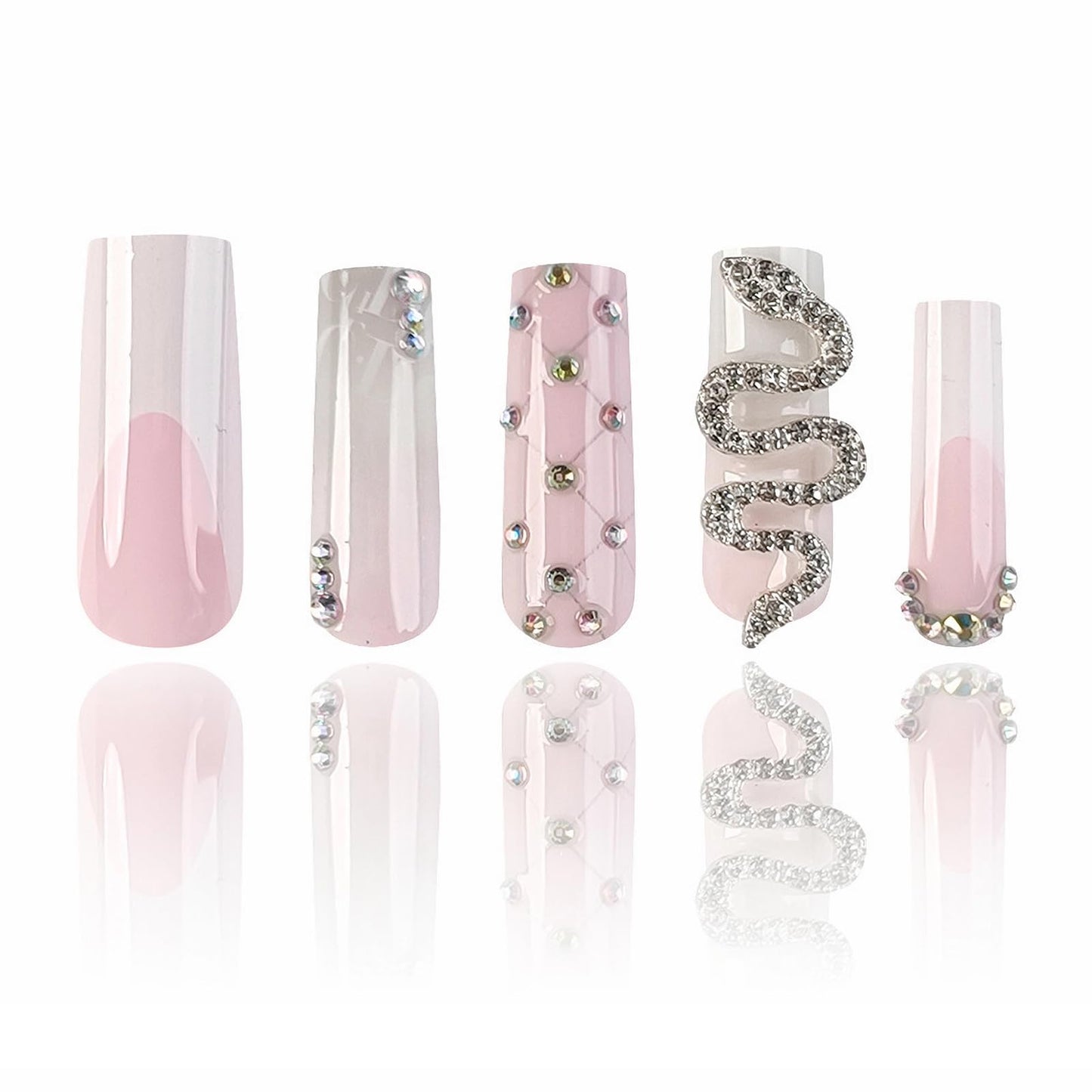 MISUD Press on Nails - Long Square Glue on Nails with French Tip, Acrylic Goth Snake Rhinestone Design 24 pcs