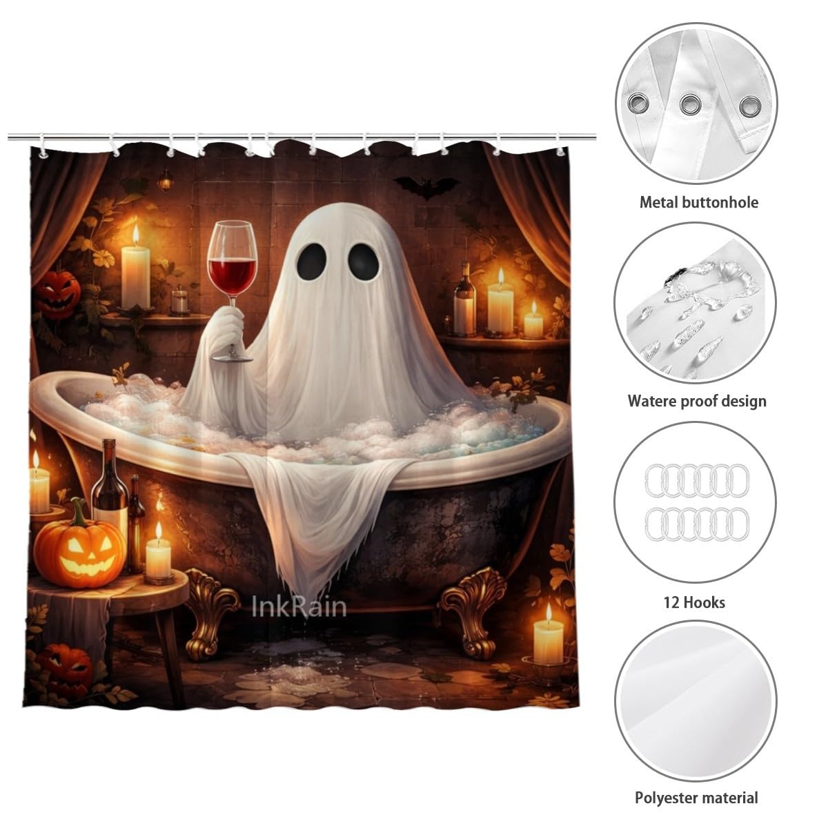 InkRain Halloween Ghost Shower Curtain 70x84 Inch with 12 Hooks, Cute Spooky Bathtub Ghost Bathroom Decor, Waterproof Fabric, Funny Halloween Home Bathroom Decoration
