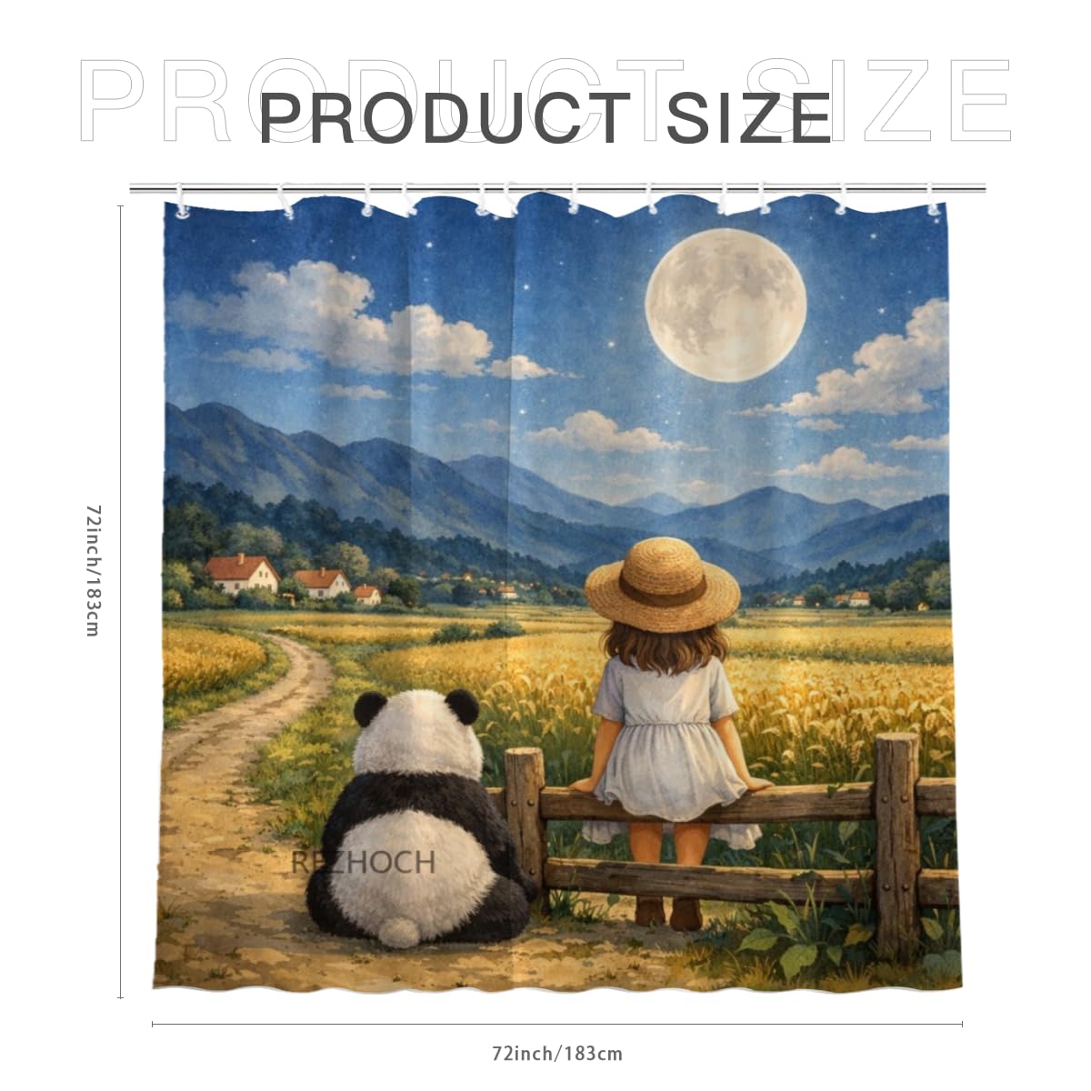REZHOCH Moonlit Country Fun Panda Shower Curtain 72x72Inch,Cute Girl Animal Home Hotel Bathroom Decor,Farmhouse Rustic Nature Night Sky Full Moon Waterproof Fabric Bath Set