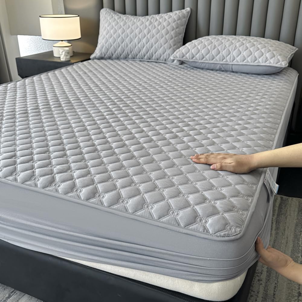 ZIQINPSQ Gingham Fitted Sheet Full Size - 18" Deep Pocket Cotton Quilted, Non-Slip Skincare Bed Sheet,Light Grey